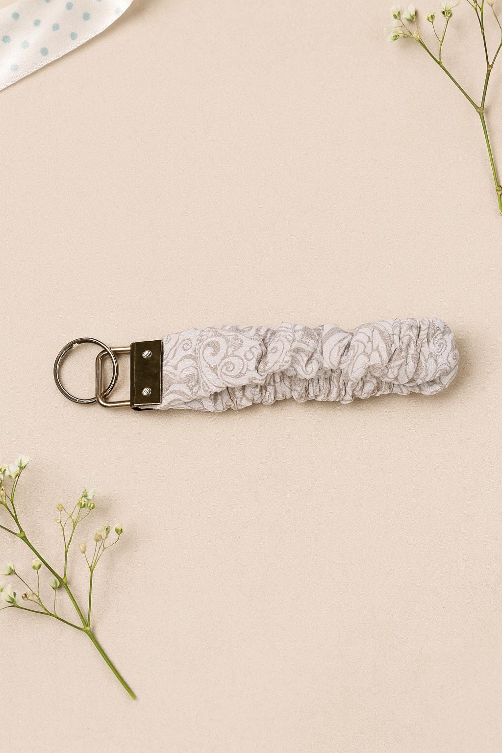 Gray Paisley Scrunchie Wristlet Keychain: Handmade Fabric Key Fob