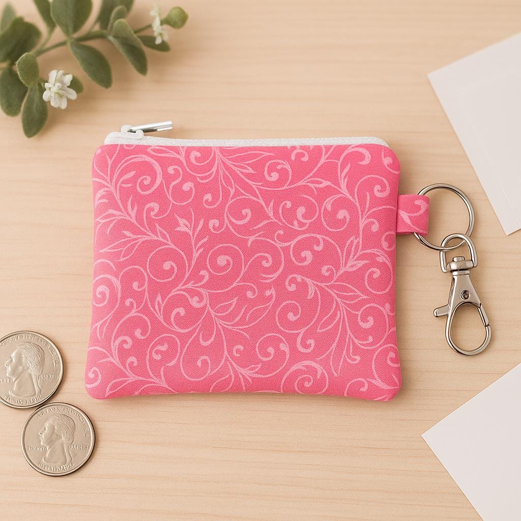 Pink Swirl Keychain Wallet: Handmade Cotton Zipper Pouch