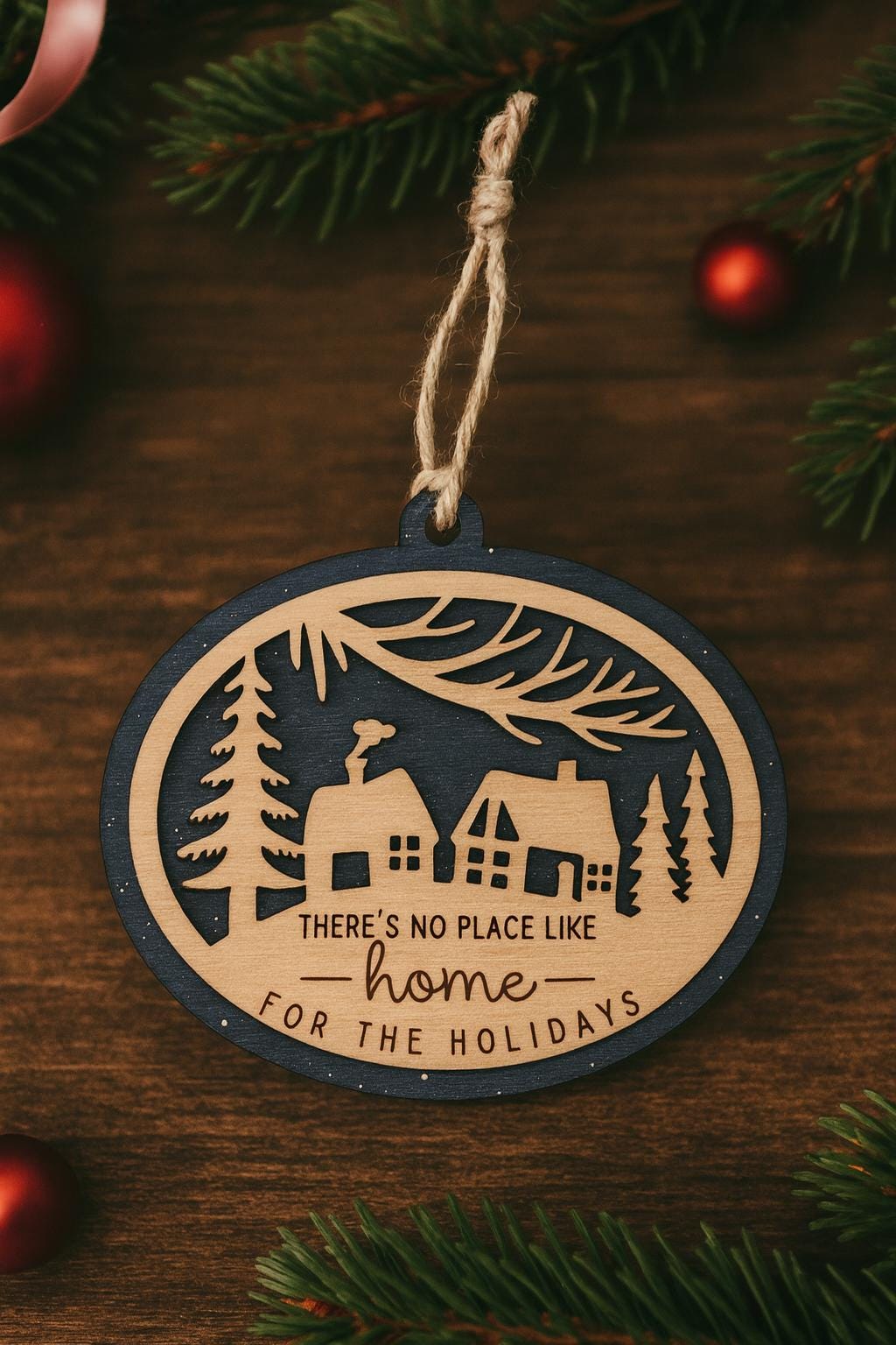 Rustic Wooden Christmas Ornament | “There’s No Place Like Home” Holiday Decoration | Farmhouse Winter Scene Tree Ornament