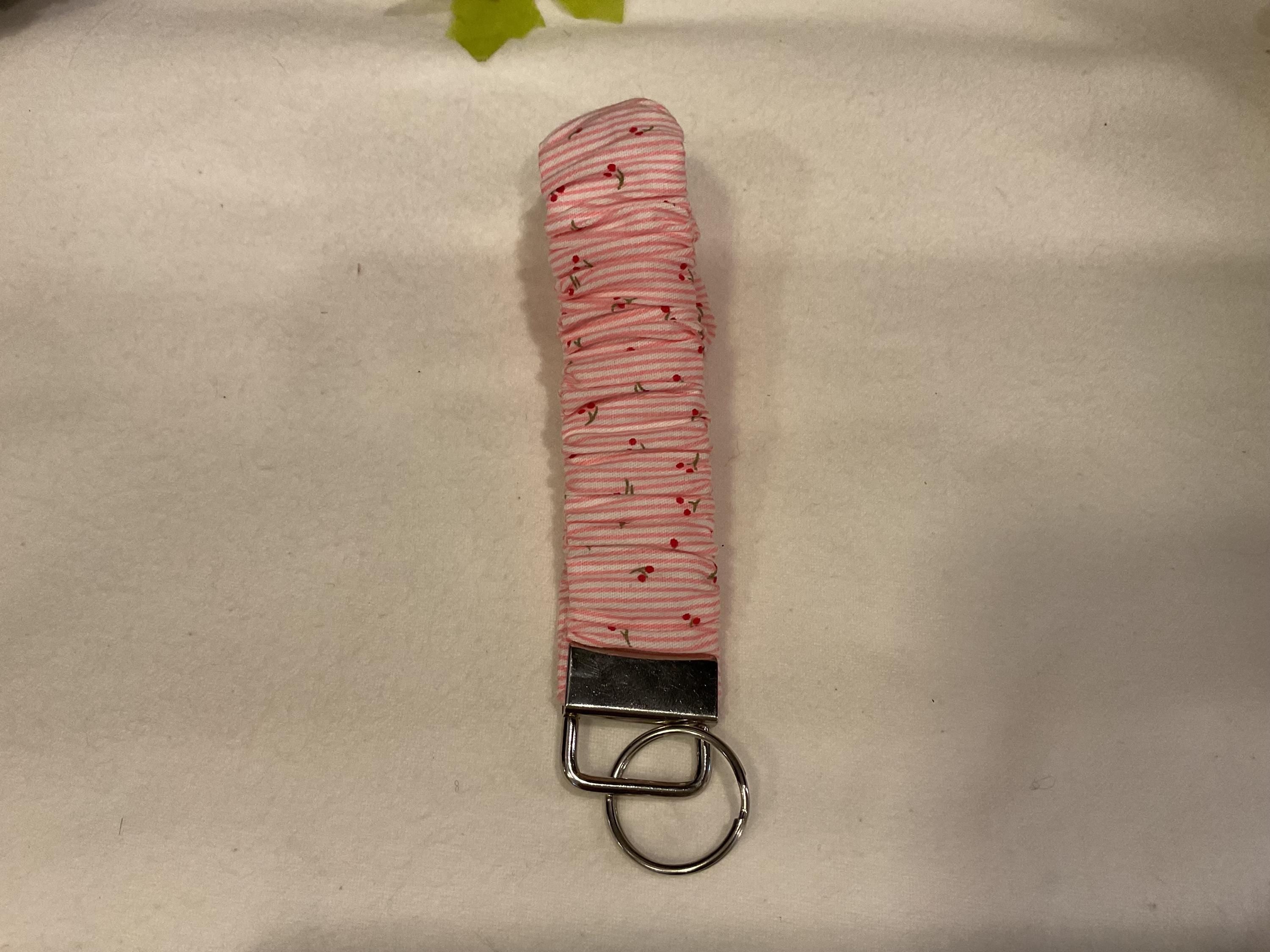 Pink Cherry Scrunchie Key Fob: Handmade Fabric Keychain Wristlet