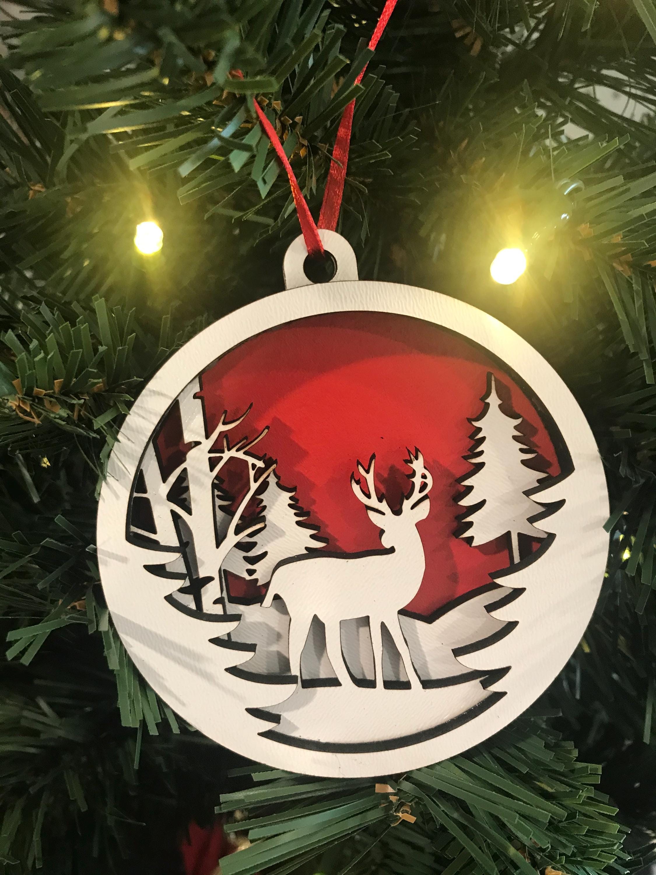 Christmas Ornament—Laser Cut 4 Layers—Deer in Woods Scene