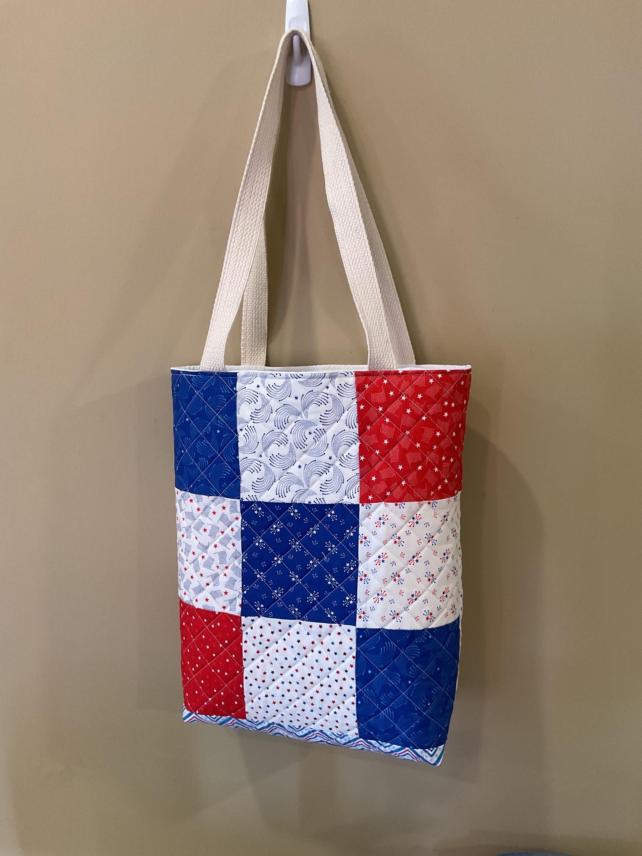 Quilted Patchwork Tote Bag – Red, White & Blue Handmade Shoulder Bag | Patriotic Gift | Reusable Market Bag