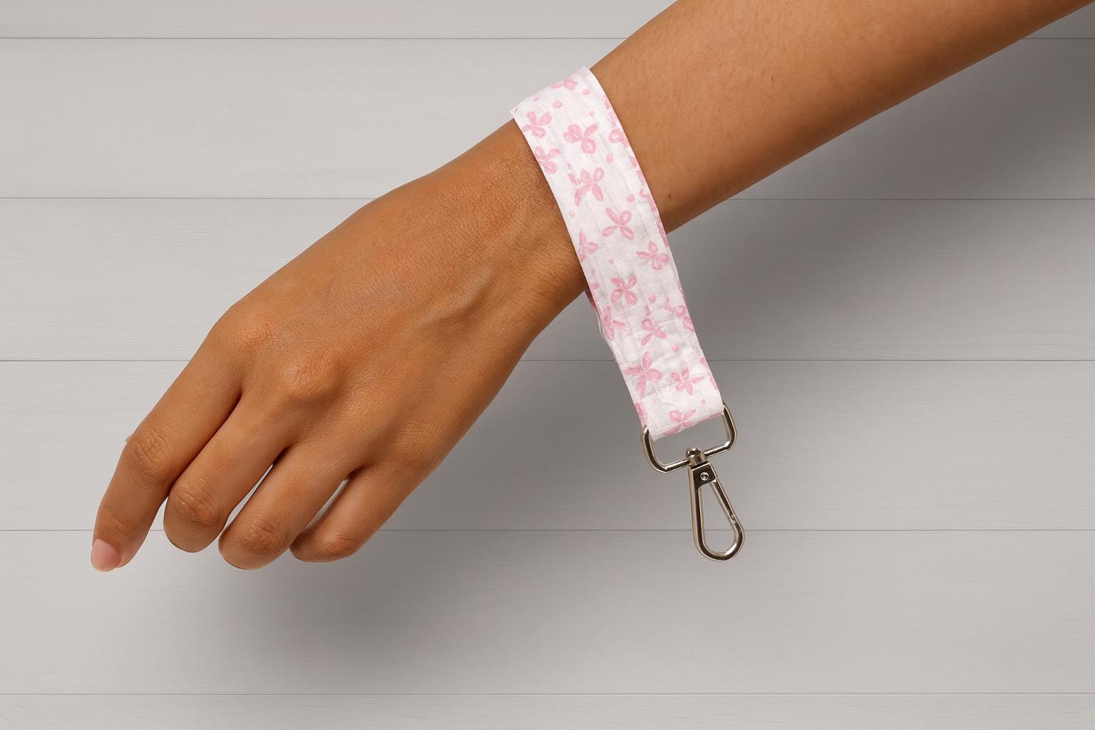 Pink Bow Wristlet Keychain – Handmade Fabric Key Fob, Wrist Strap for Keys & ID