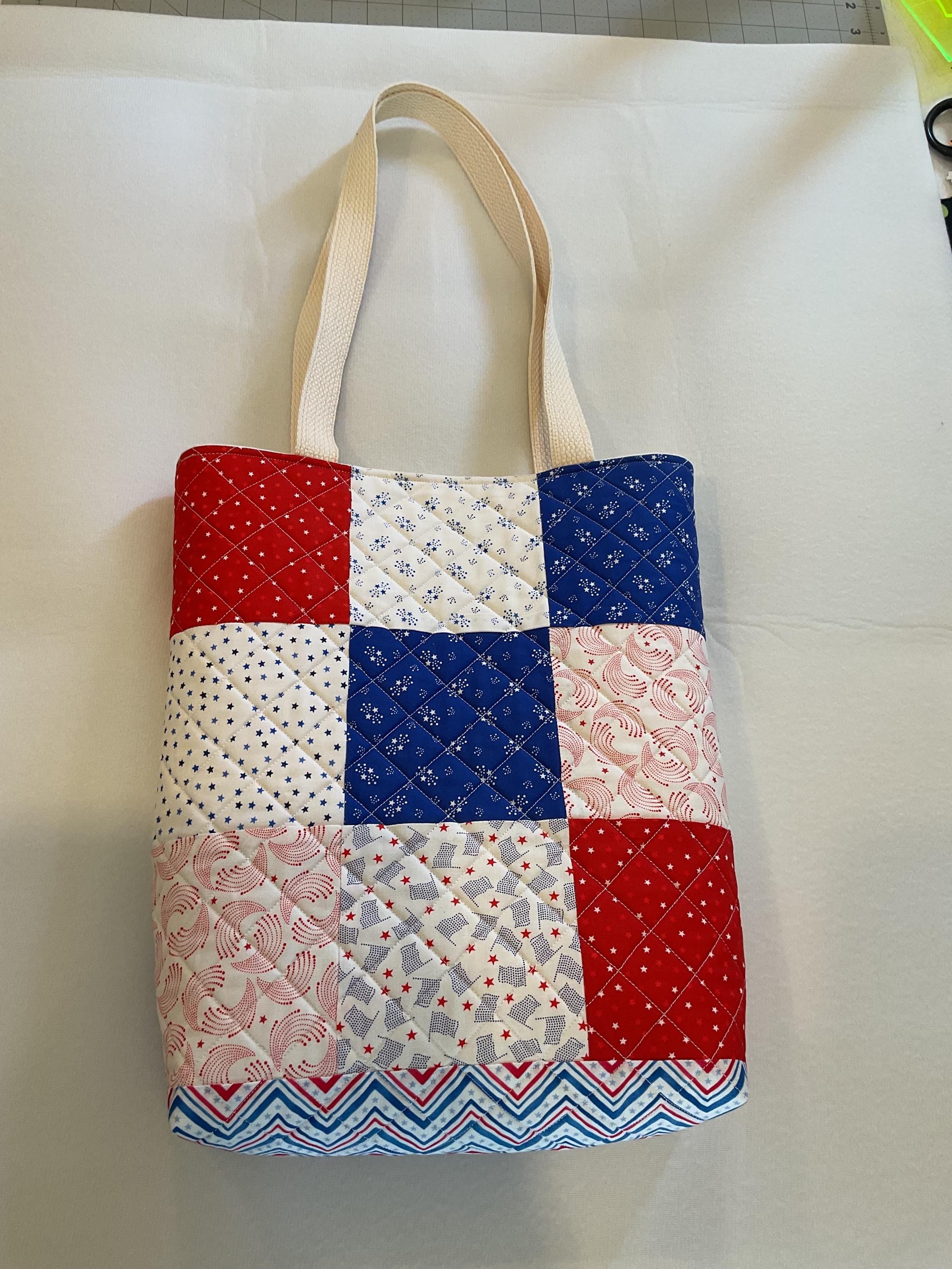 Quilted Patchwork Tote Bag – Red, White & Blue Handmade Shoulder Bag | Patriotic Gift | Reusable Market Bag