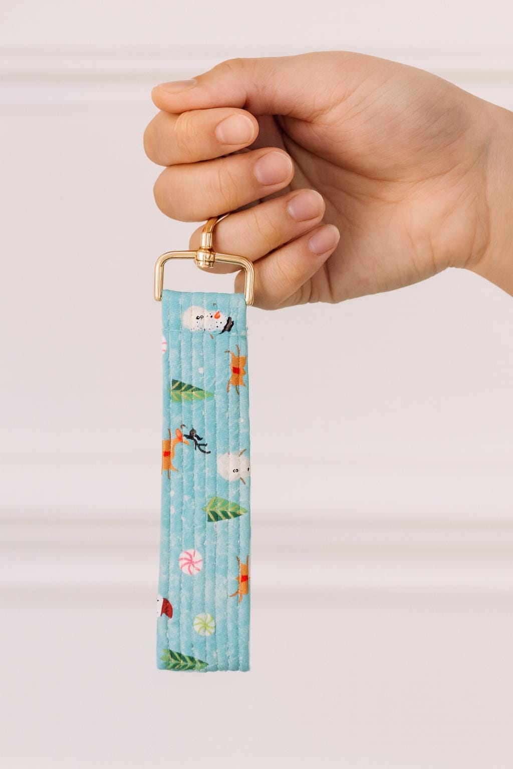 Holiday Wristlet Keychain – Snowman & Reindeer Fabric Key Fob | Christmas Stocking Stuffer | Handmade Quilted Keychain Gift for Her