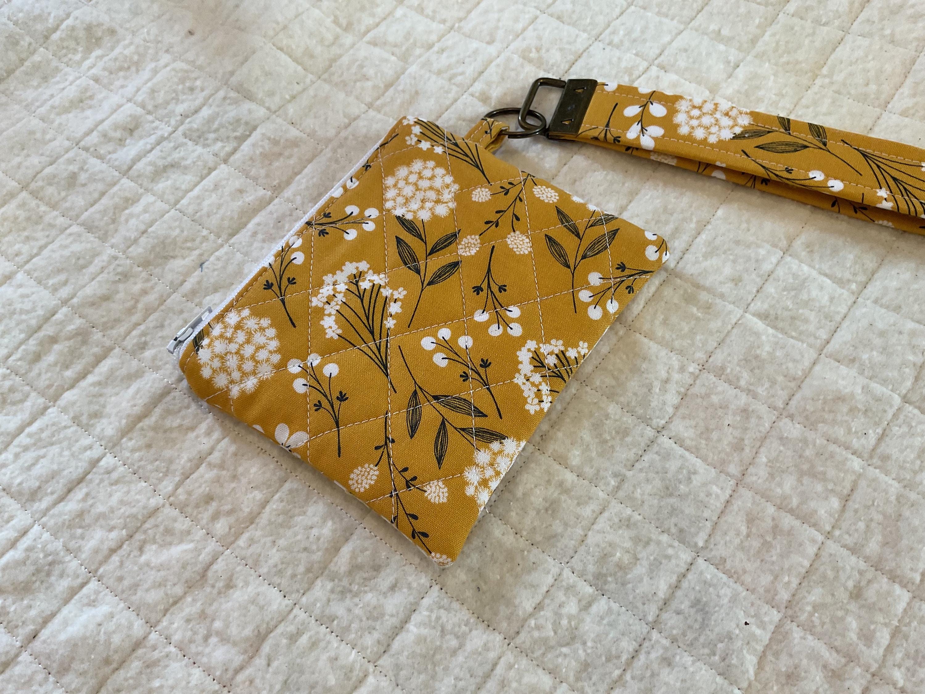 Handmade Floral Mustard Yellow Keychain Wallet: Wristlet Zipper Pouch