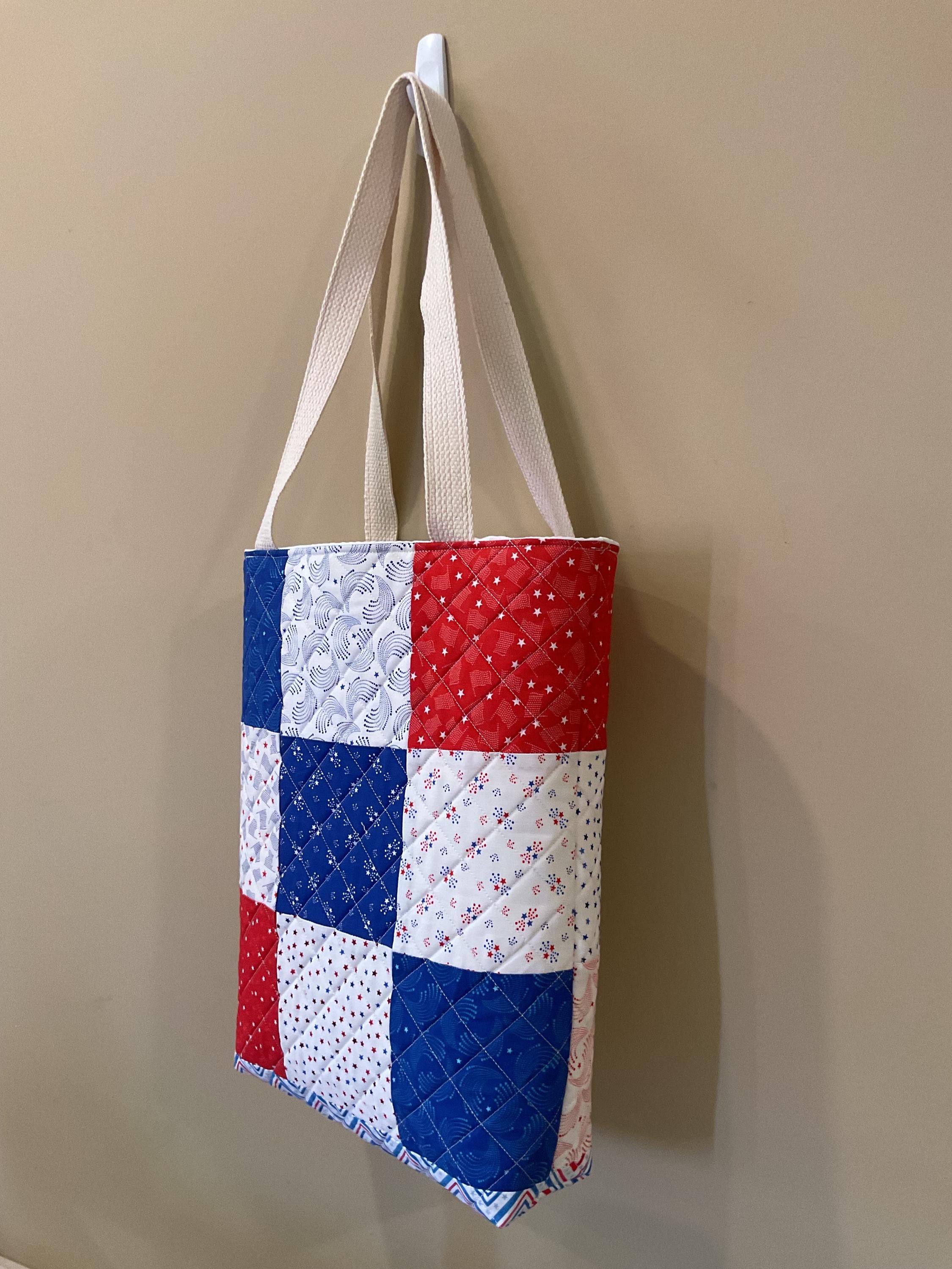 Quilted Patchwork Tote Bag – Red, White & Blue Handmade Shoulder Bag | Patriotic Gift | Reusable Market Bag