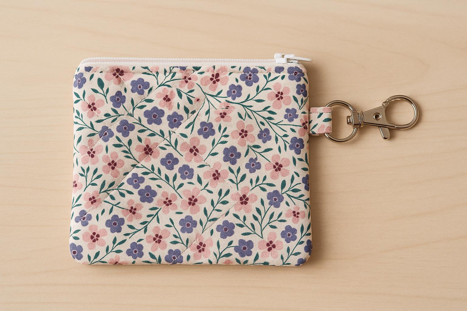 Floral Quilted Keychain Wallet with Zipper Pouch – Small Coin Purse, ID Holder, Card Case