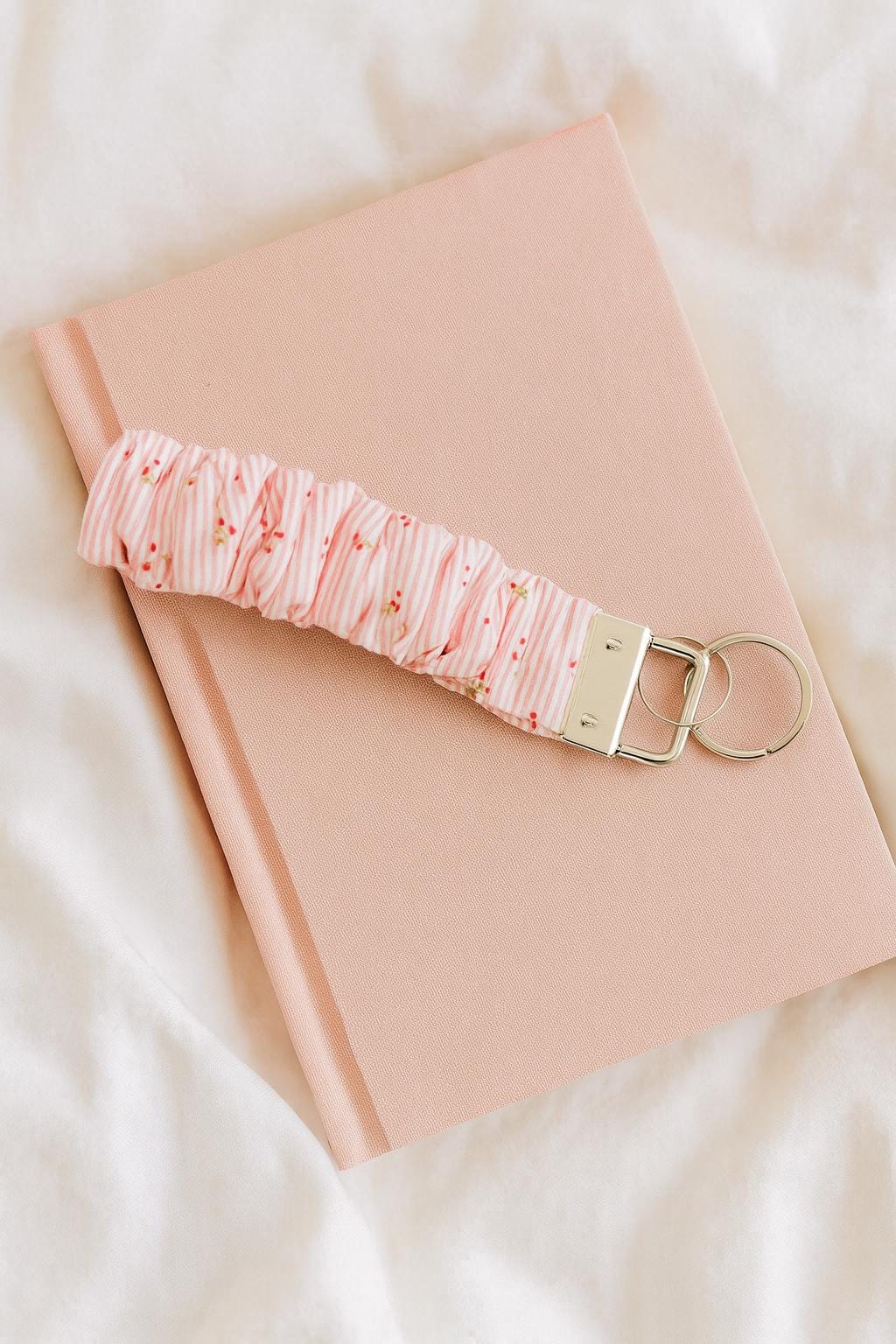 Pink Cherry Scrunchie Key Fob: Handmade Fabric Keychain Wristlet