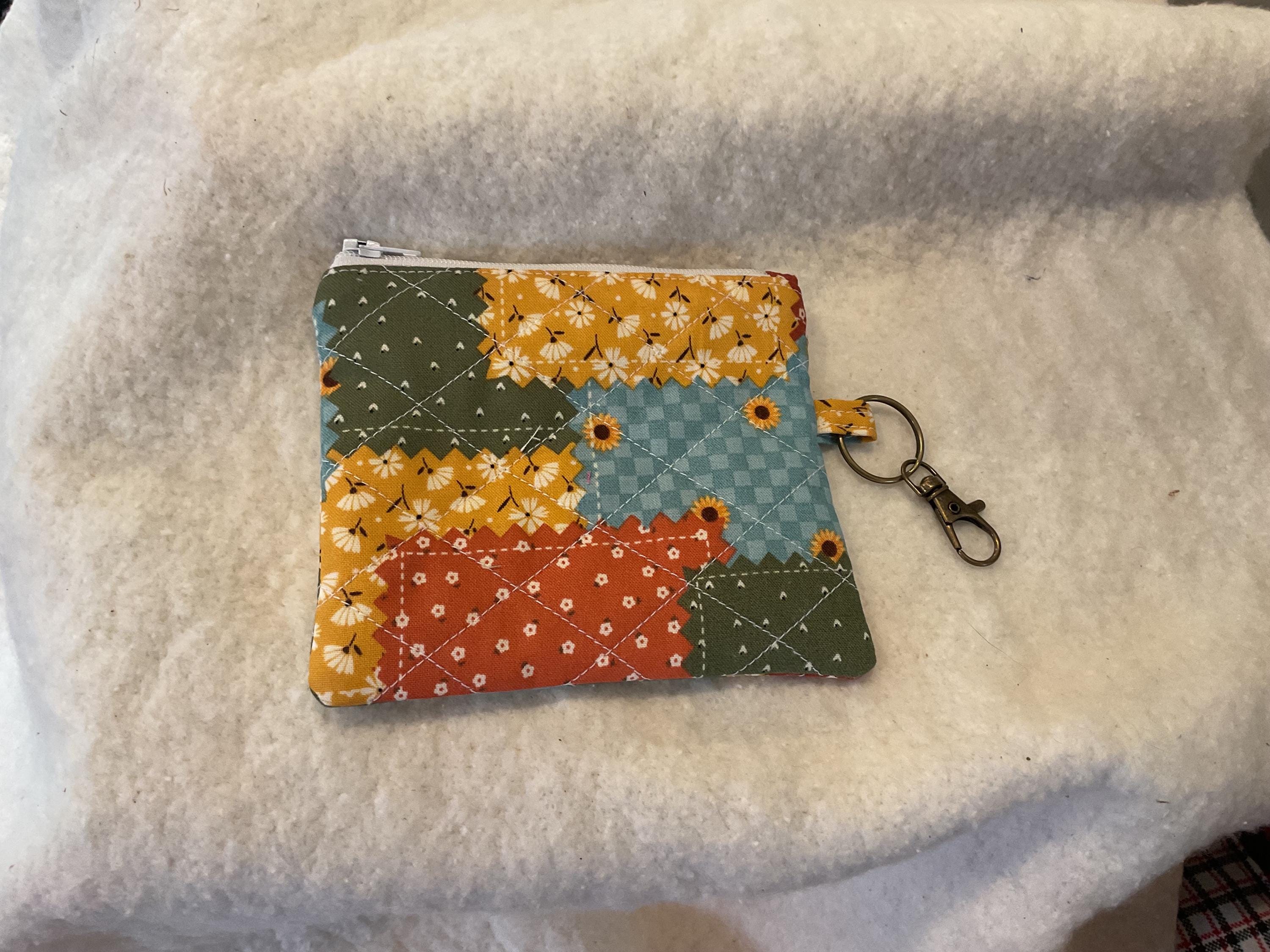 Patchwork Quilted Keychain Wallet | Small Zipper Coin Pouch with Lobster Clasp | Handmade Mini Wallet