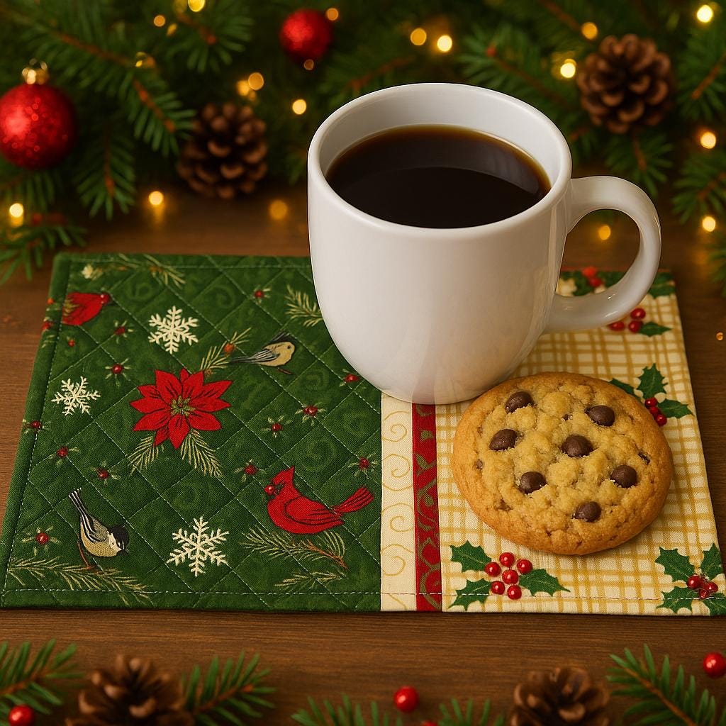 Handmade Quilted Christmas Mug Rug – Festive Cardinal, Poinsettia & Holly Coaster Mat