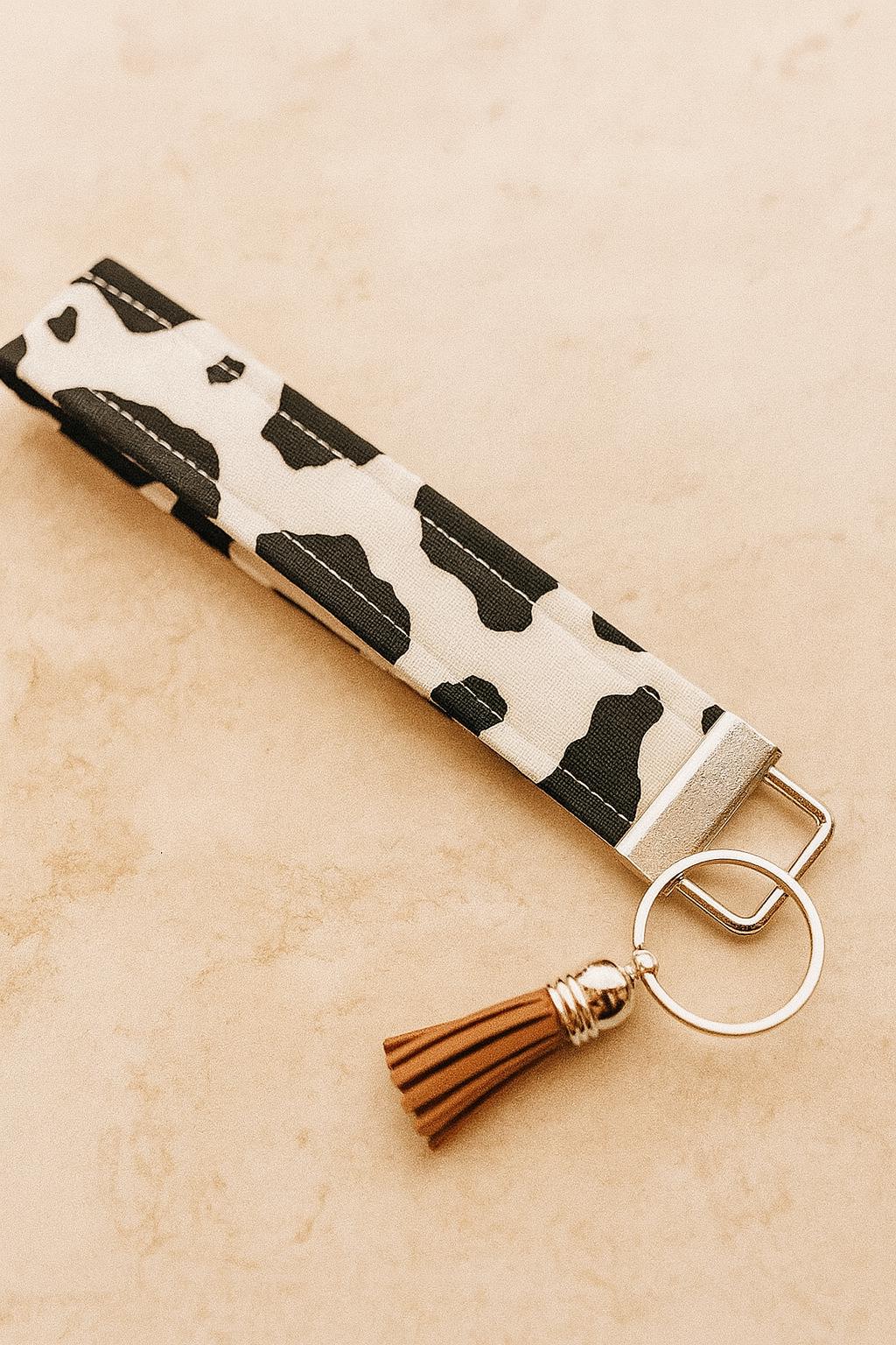 Cow Print Wristlet Keychain: Farmhouse Style Key Fob with Tassel
