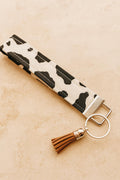 Cow Print Wristlet Keychain: Farmhouse Style Key Fob with Tassel