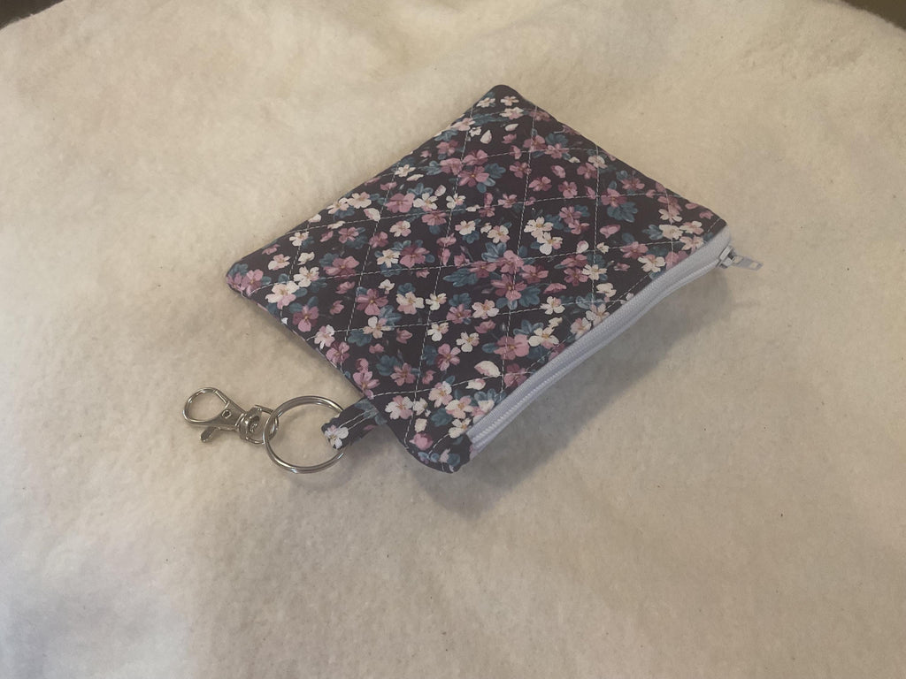 Floral Quilted Keychain Wallet | Zippered Coin Purse | Small Card Holder with Keyring Clip