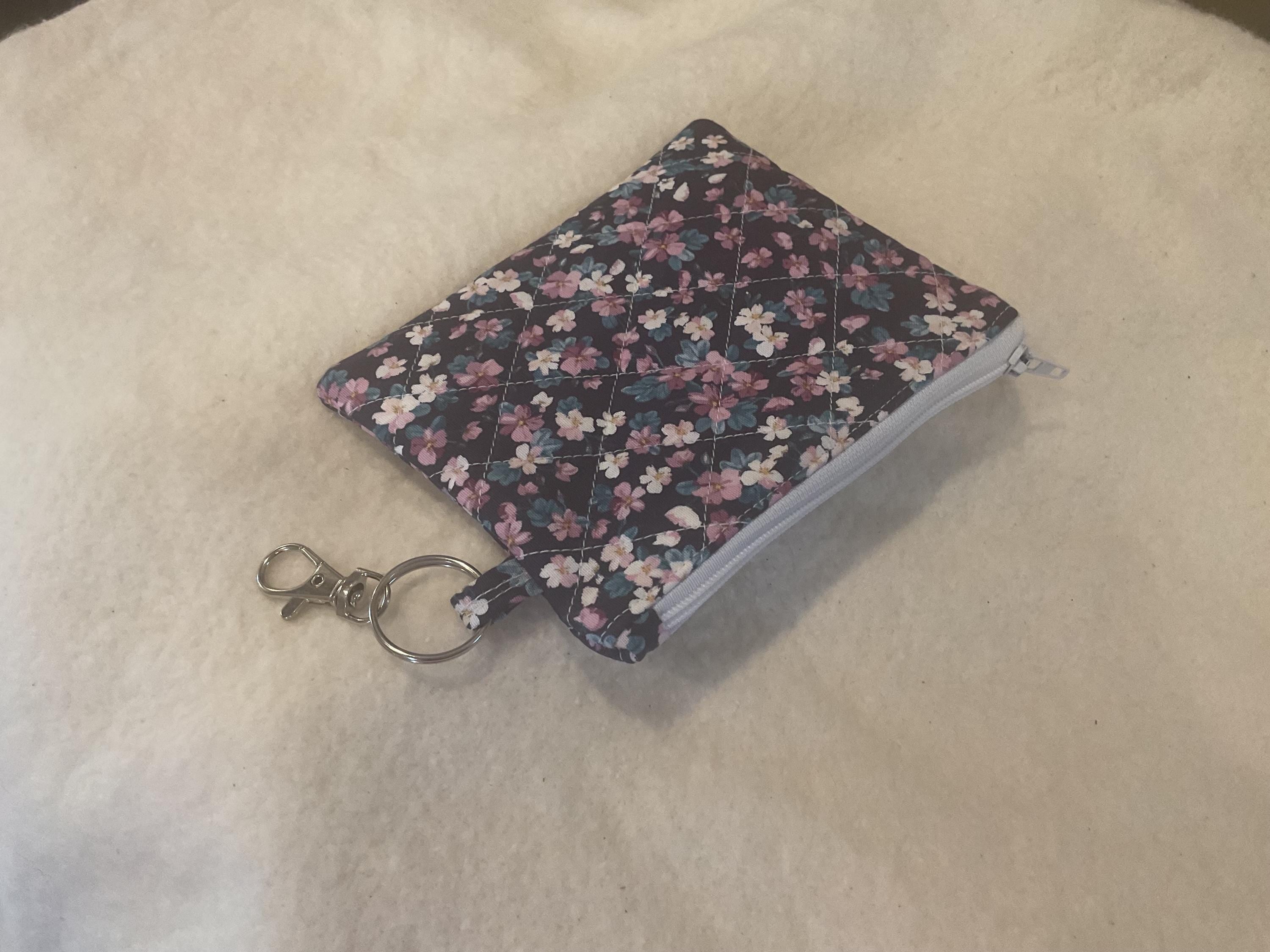 Floral Quilted Keychain Wallet | Zippered Coin Purse | Small Card Holder with Keyring Clip