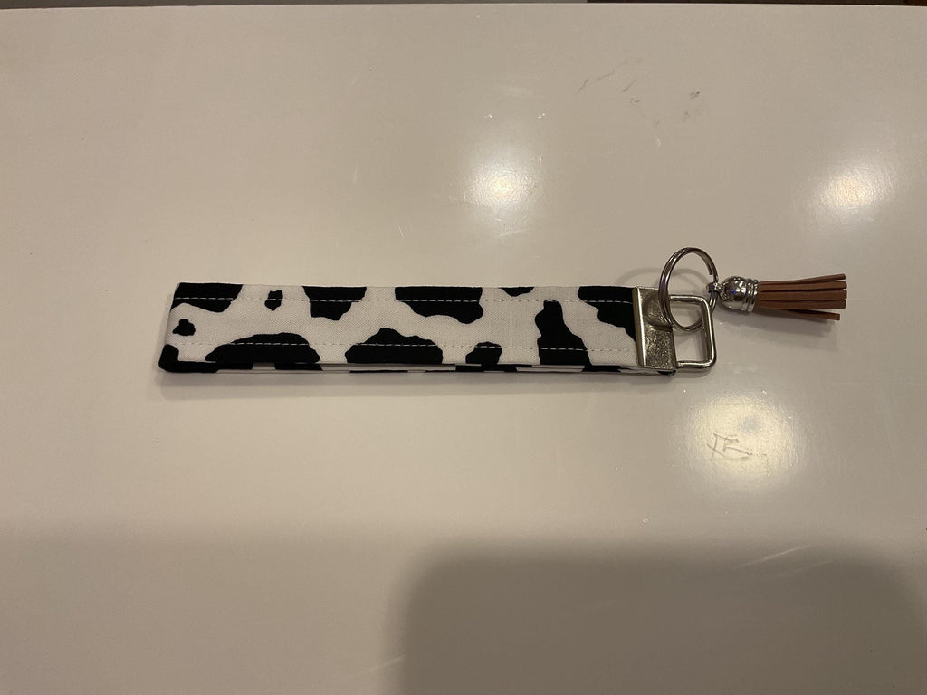 Cow Print Wristlet Keychain: Farmhouse Style Key Fob with Tassel