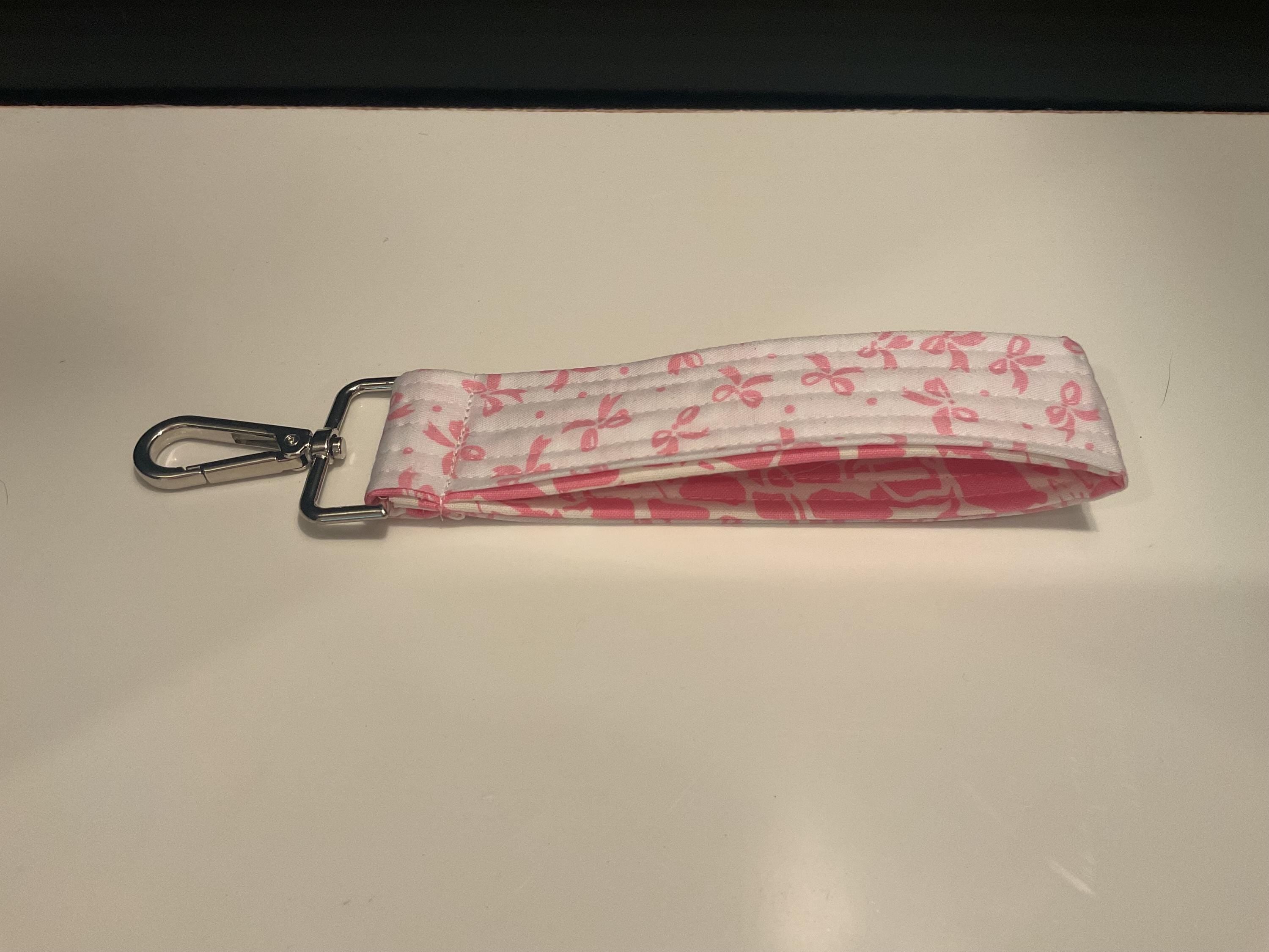 Pink Bow Wristlet Keychain – Handmade Fabric Key Fob, Wrist Strap for Keys & ID