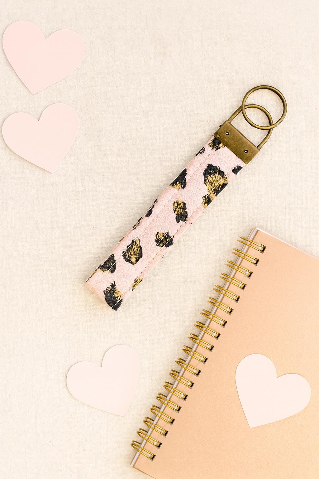 Handmade Blush Pink Leopard Print Wristlet Keychain: Antique Bronze Hardware