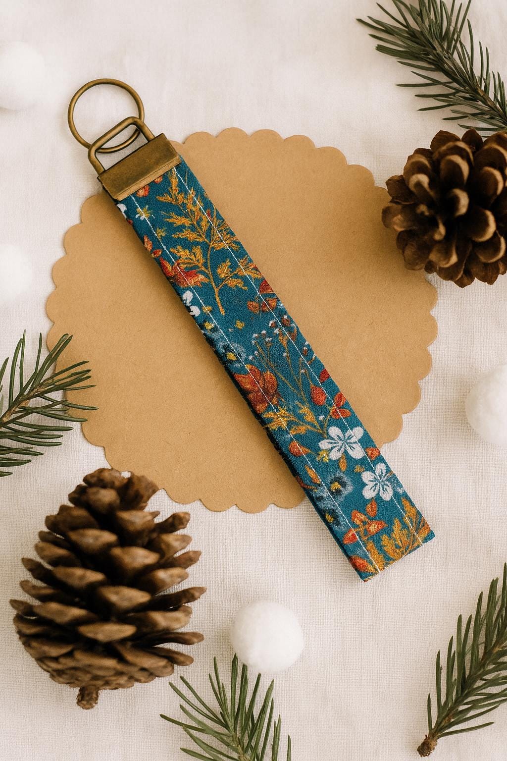 Floral Fabric Wristlet Keychain: Teal Handmade Key Fob