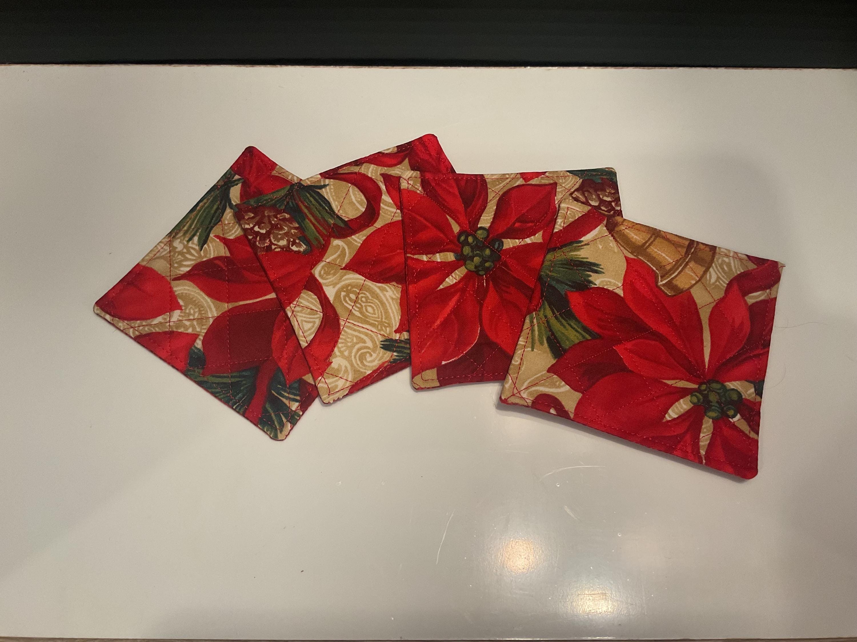 Handmade Quilted Fabric Coaster Set of 4– 4x4 Poinsettia Christmas Coaster | Holiday Table Décor | Reusable Mug Rug | Stocking Stuffer Gift