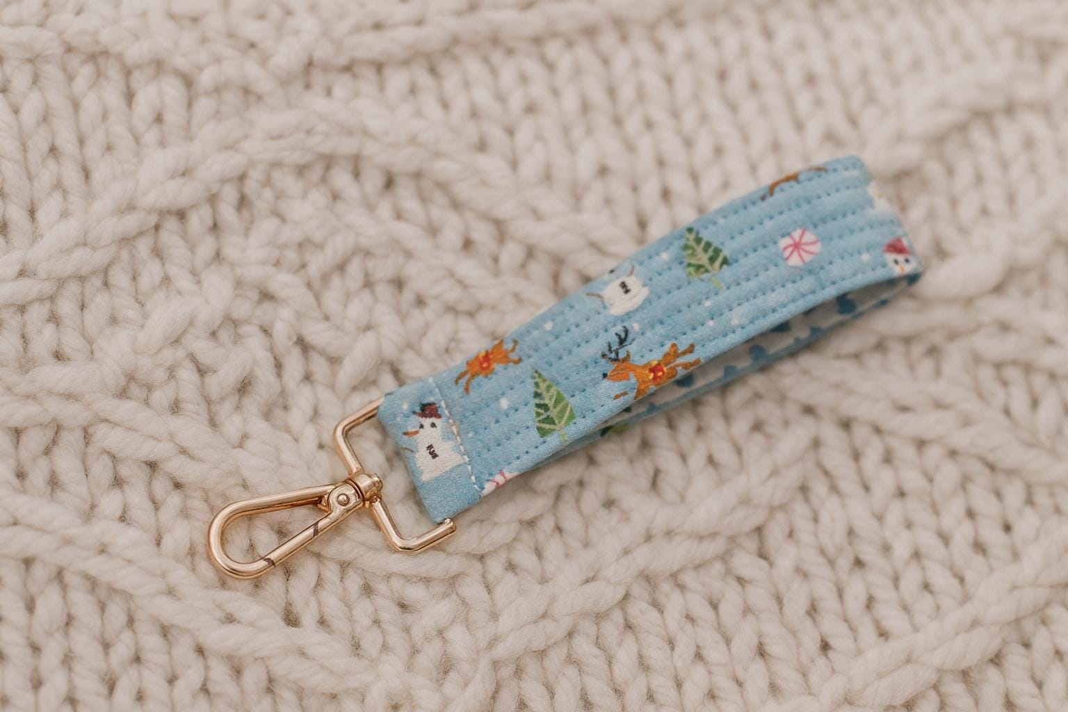 Holiday Wristlet Keychain – Snowman & Reindeer Fabric Key Fob | Christmas Stocking Stuffer | Handmade Quilted Keychain Gift for Her