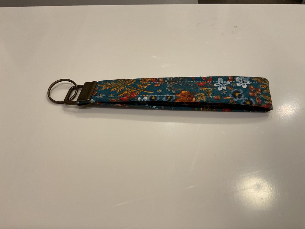 Floral Fabric Wristlet Keychain: Teal Handmade Key Fob