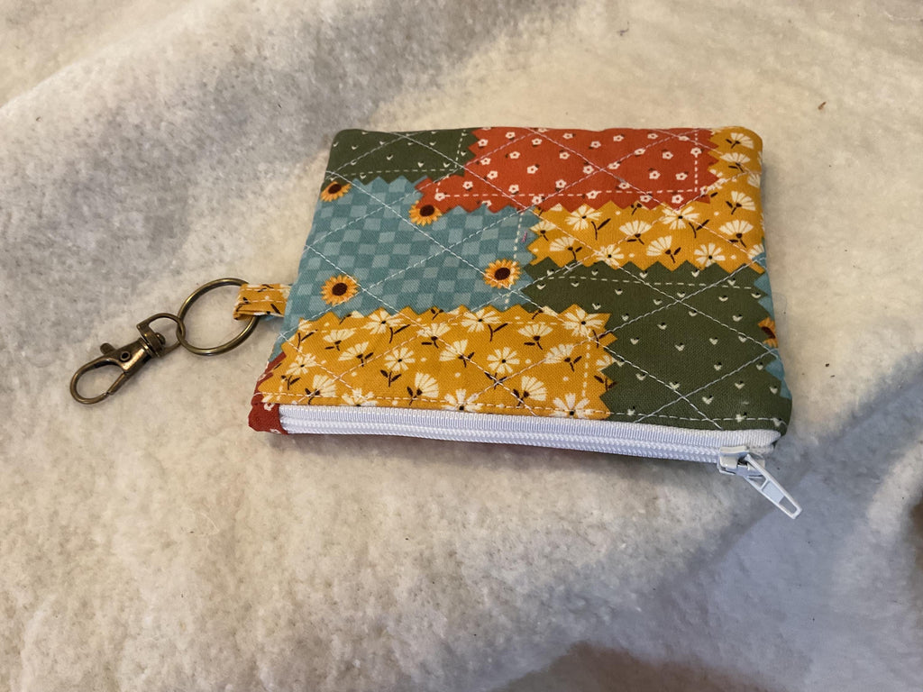 Patchwork Quilted Keychain Wallet | Small Zipper Coin Pouch with Lobster Clasp | Handmade Mini Wallet