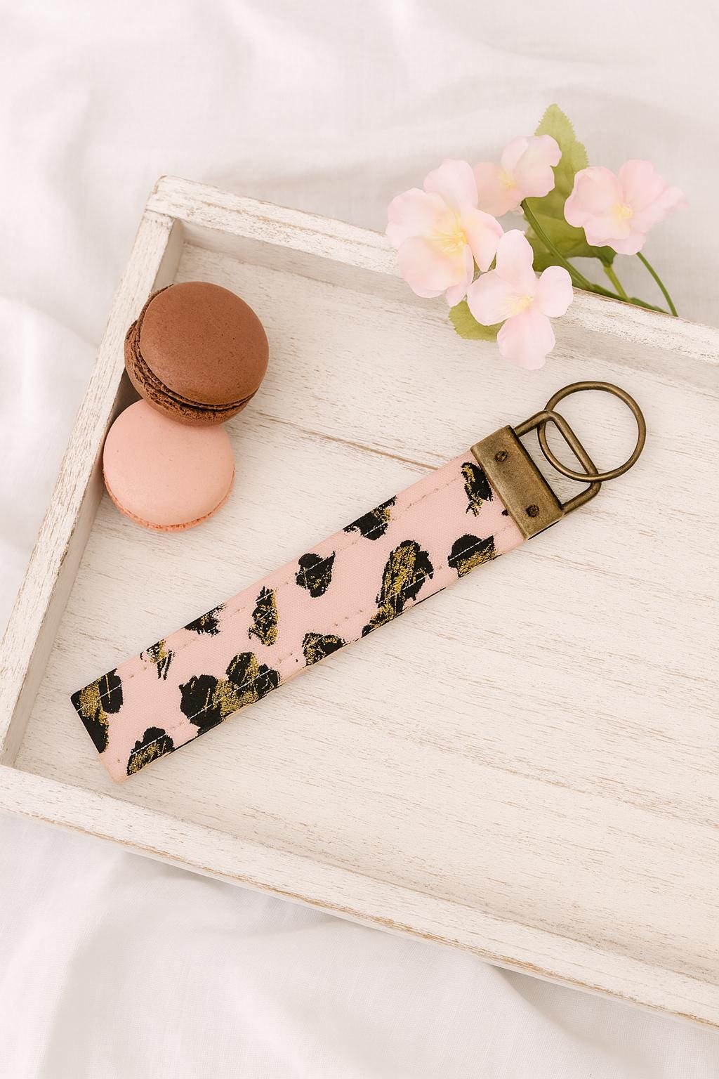 Handmade Blush Pink Leopard Print Wristlet Keychain: Antique Bronze Hardware