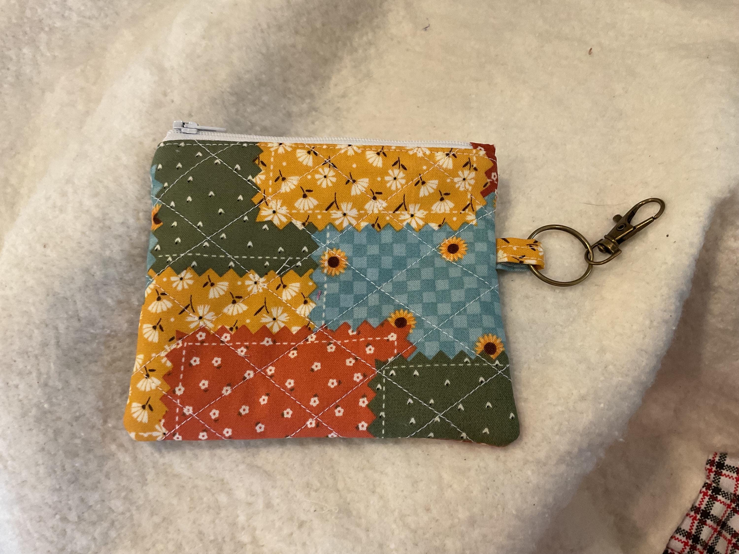 Patchwork Quilted Keychain Wallet | Small Zipper Coin Pouch with Lobster Clasp | Handmade Mini Wallet