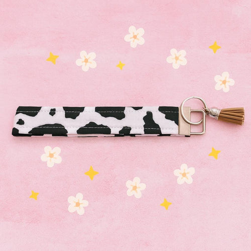 Cow Print Wristlet Keychain: Farmhouse Style Key Fob with Tassel