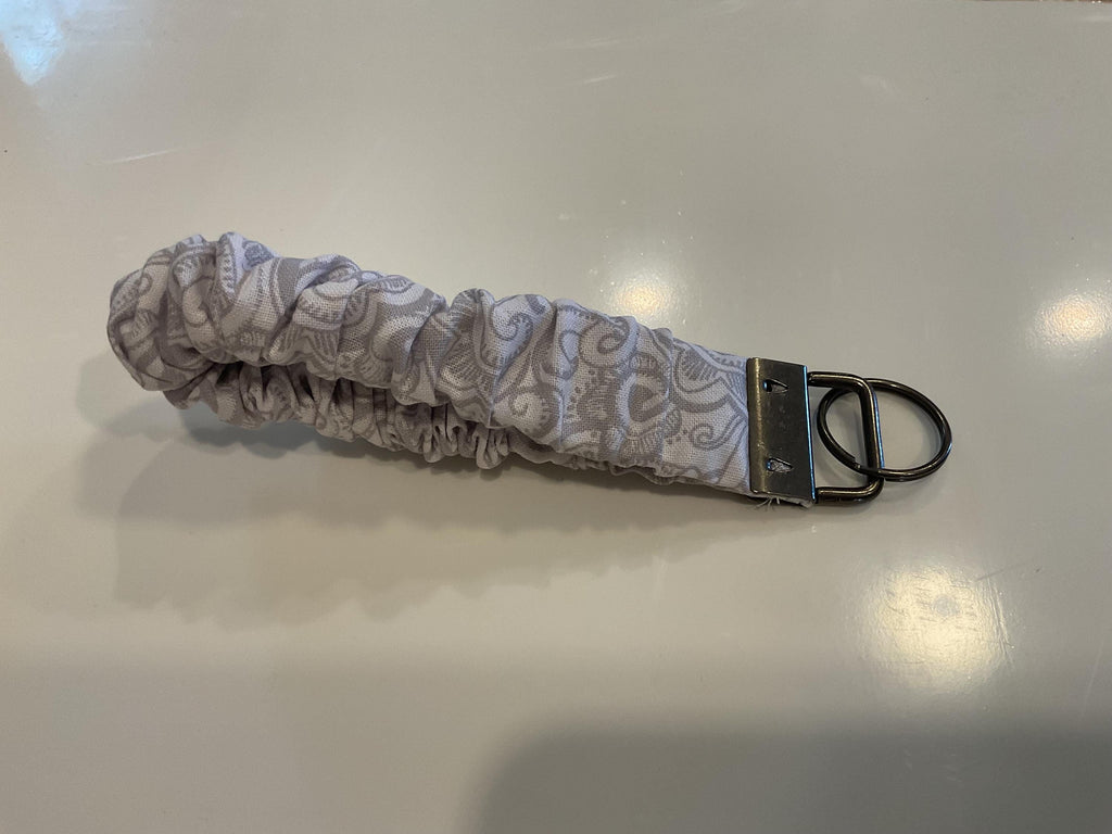 Gray Paisley Scrunchie Wristlet Keychain: Handmade Fabric Key Fob