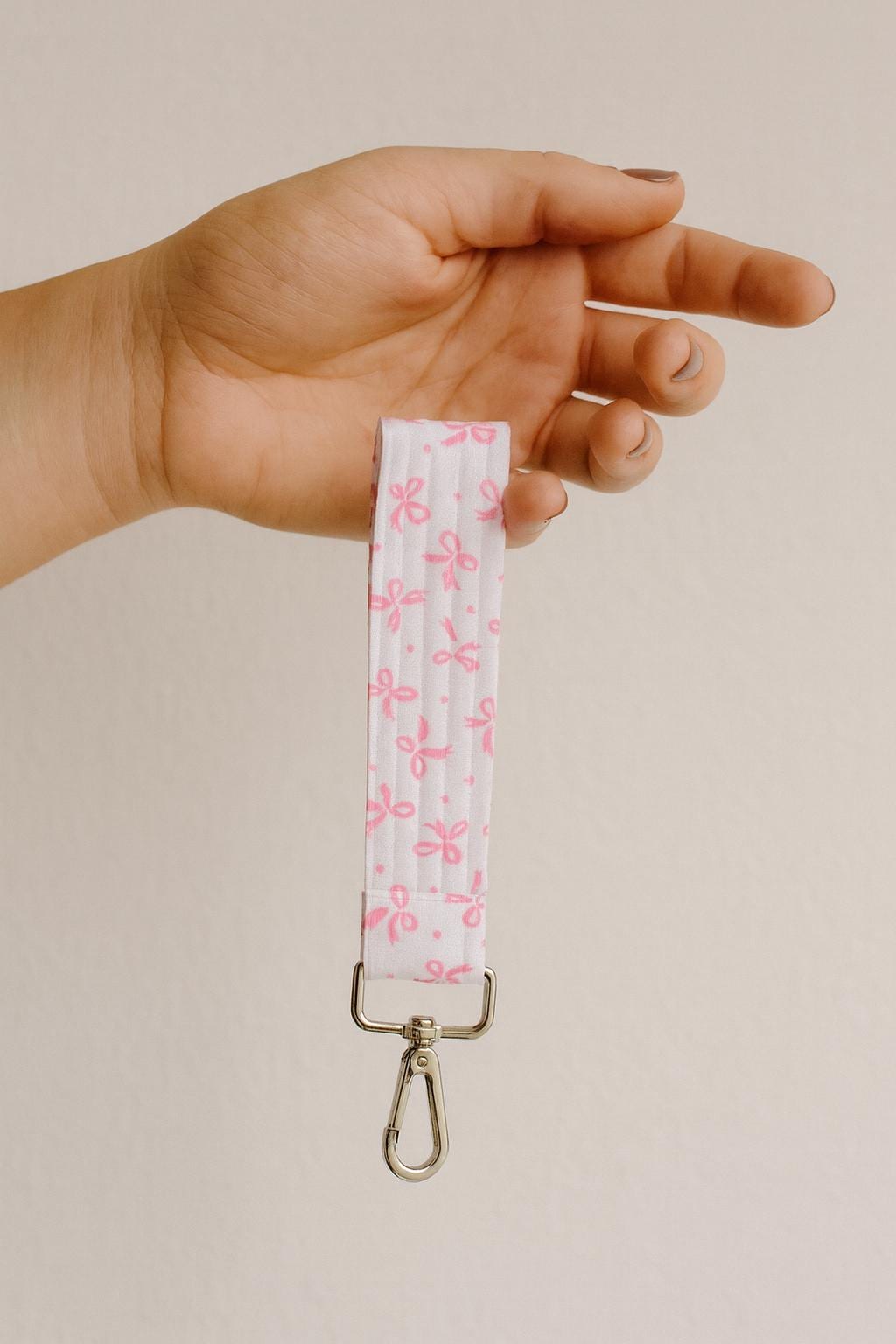 Pink Bow Wristlet Keychain – Handmade Fabric Key Fob, Wrist Strap for Keys & ID