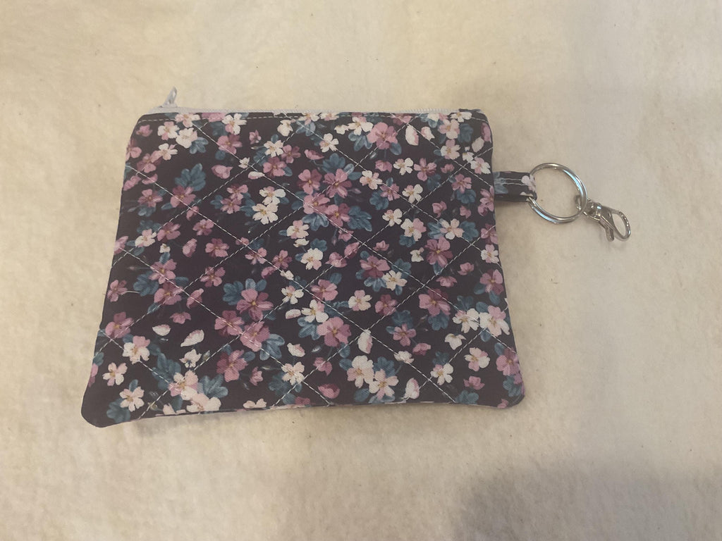 Floral Quilted Keychain Wallet | Zippered Coin Purse | Small Card Holder with Keyring Clip