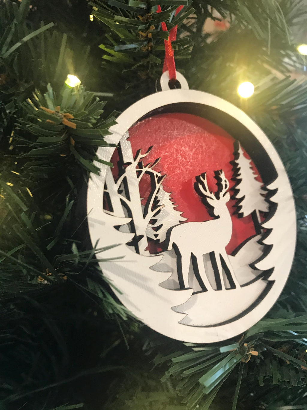 Christmas Ornament—Laser Cut 4 Layers—Deer in Woods Scene