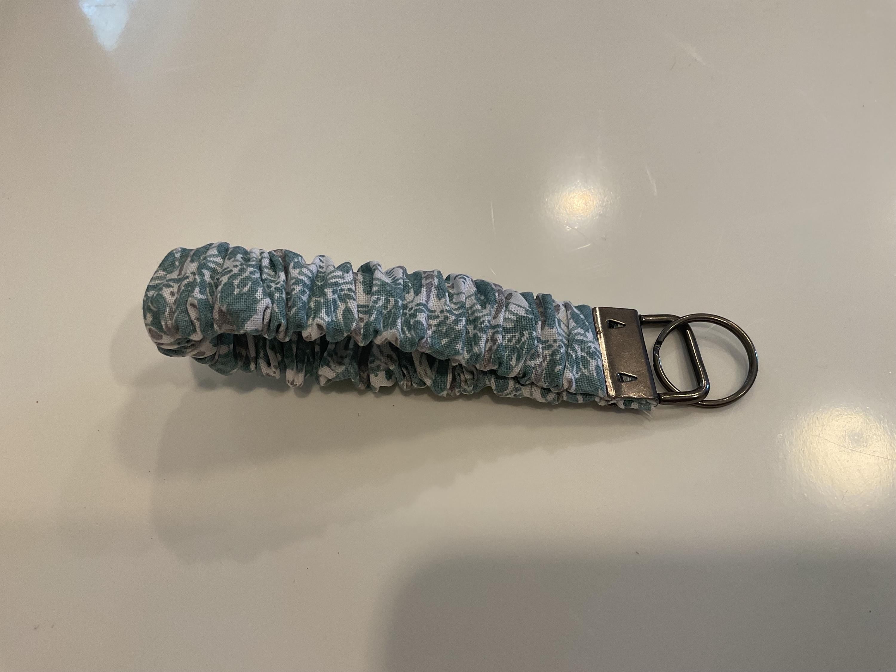 Teal Floral Scrunchie Wristlet Keychain: Handmade Fabric Key Fob