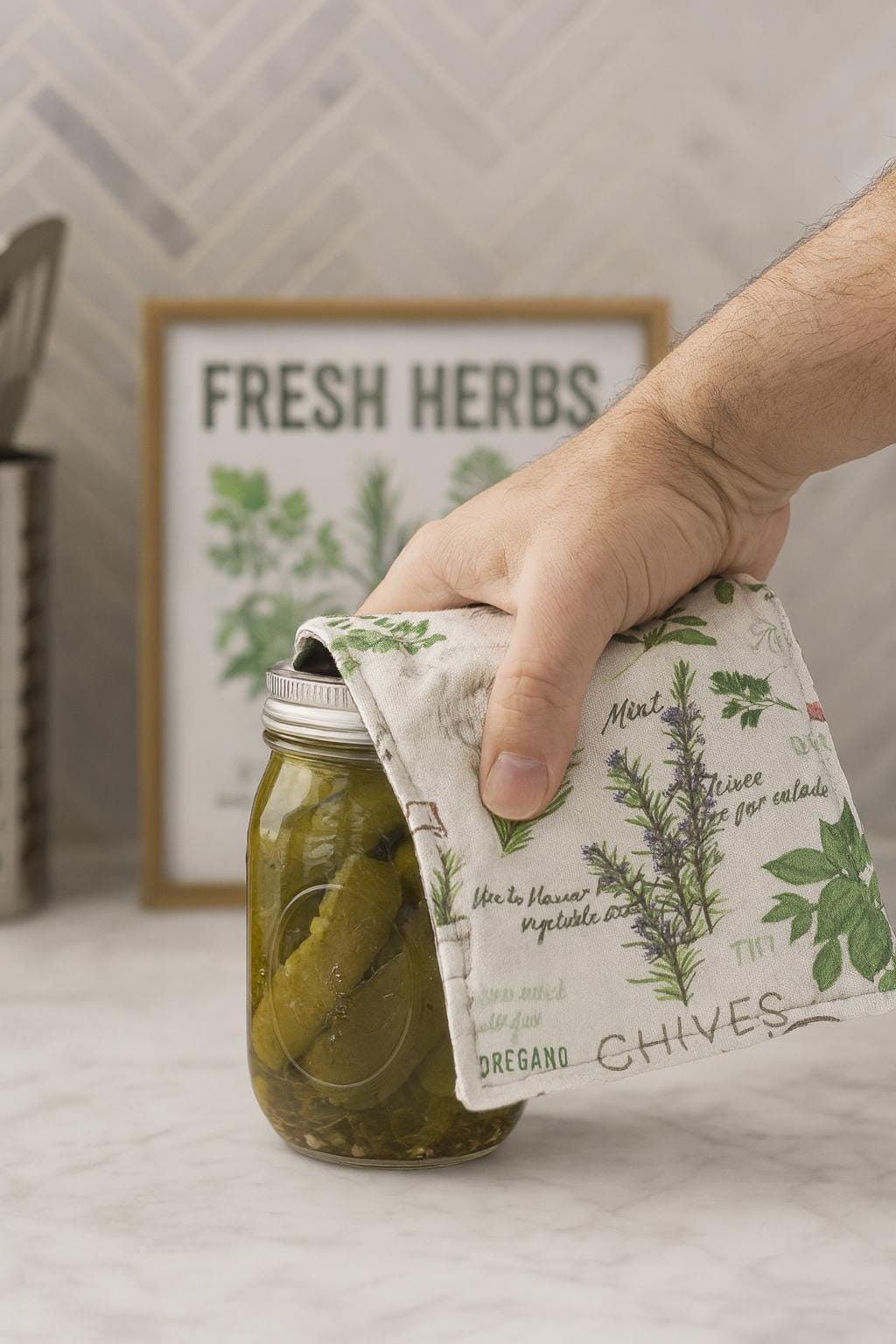 Herb Print Jar Opener: Farmhouse Kitchen Non-Slip Grip