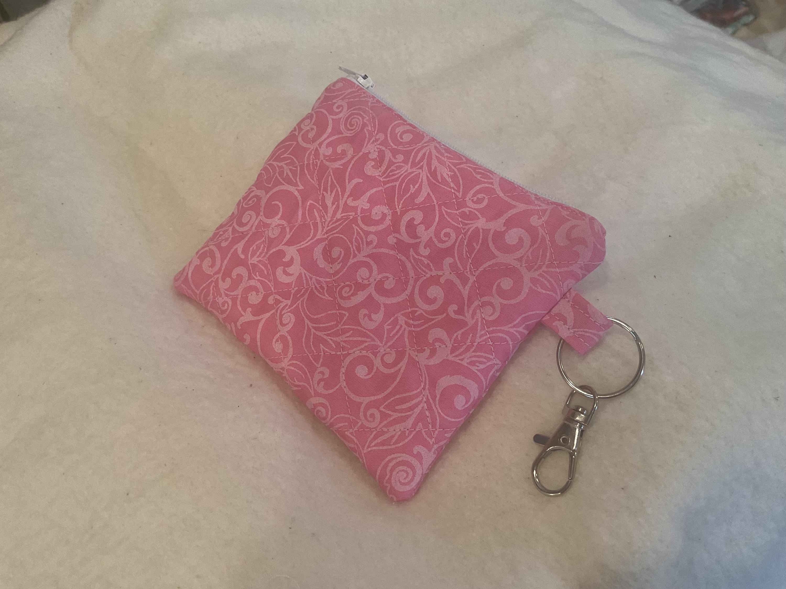 Pink Swirl Keychain Wallet: Handmade Cotton Zipper Pouch