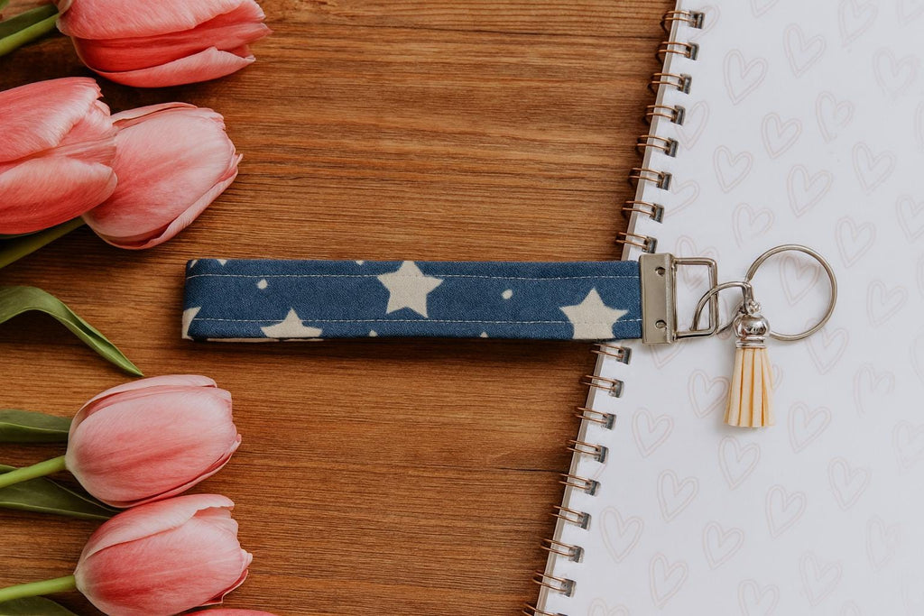 Blue Star Fabric Wristlet Keychain: Handmade Key Fob with Tassel