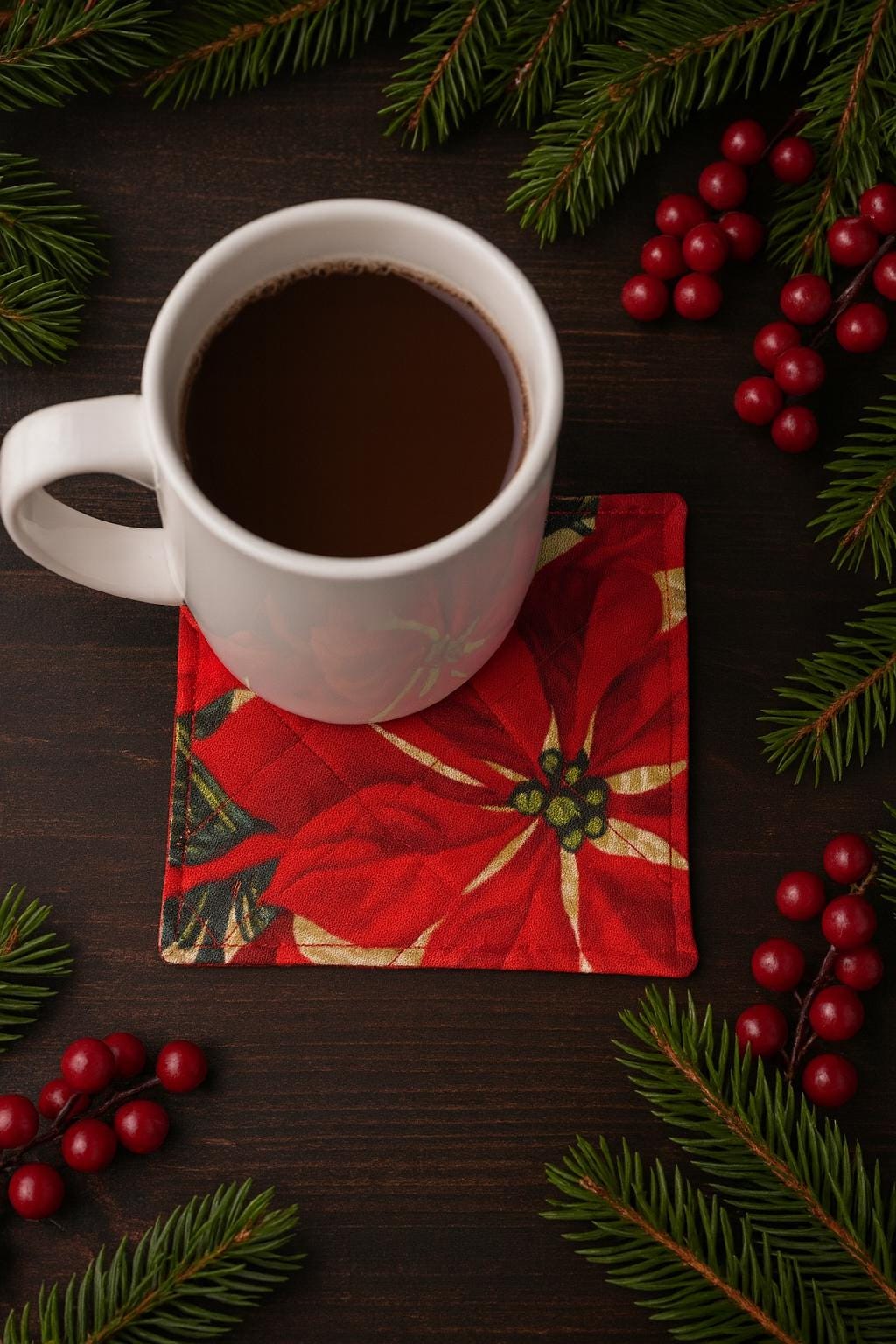 Handmade Quilted Fabric Coaster Set of 4– 4x4 Poinsettia Christmas Coaster | Holiday Table Décor | Reusable Mug Rug | Stocking Stuffer Gift