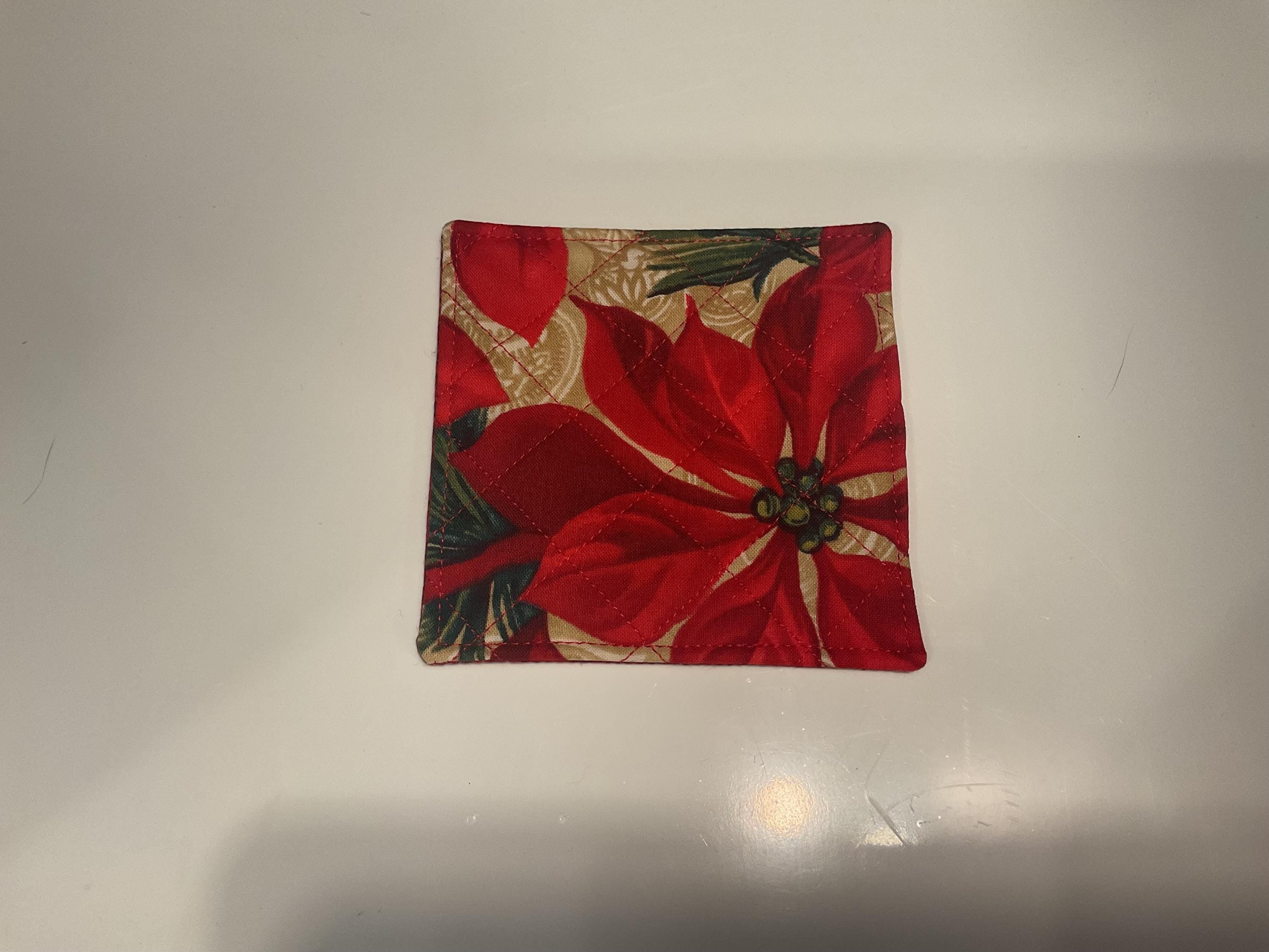 Handmade Quilted Fabric Coaster Set of 4– 4x4 Poinsettia Christmas Coaster | Holiday Table Décor | Reusable Mug Rug | Stocking Stuffer Gift