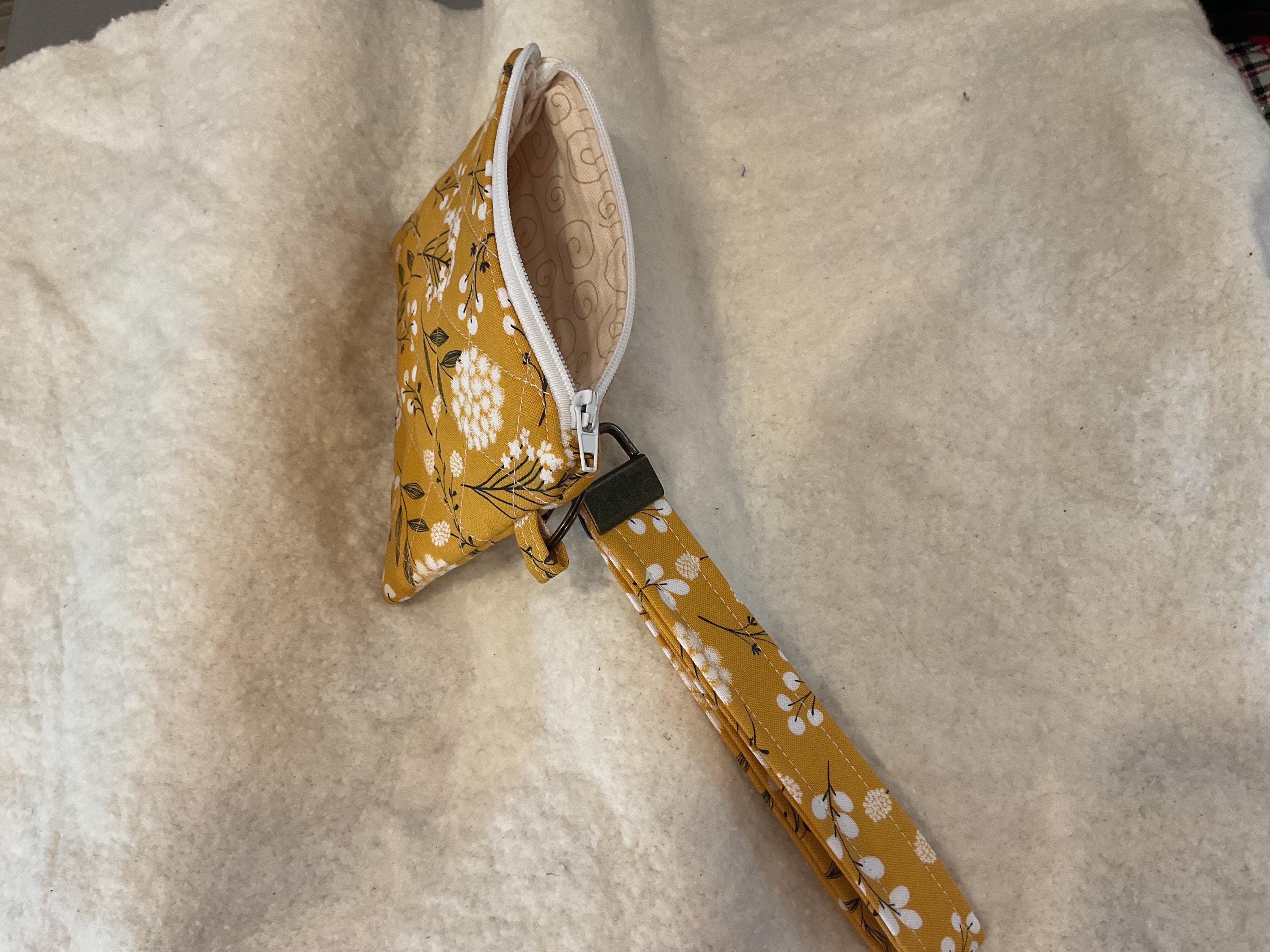Handmade Floral Mustard Yellow Keychain Wallet: Wristlet Zipper Pouch