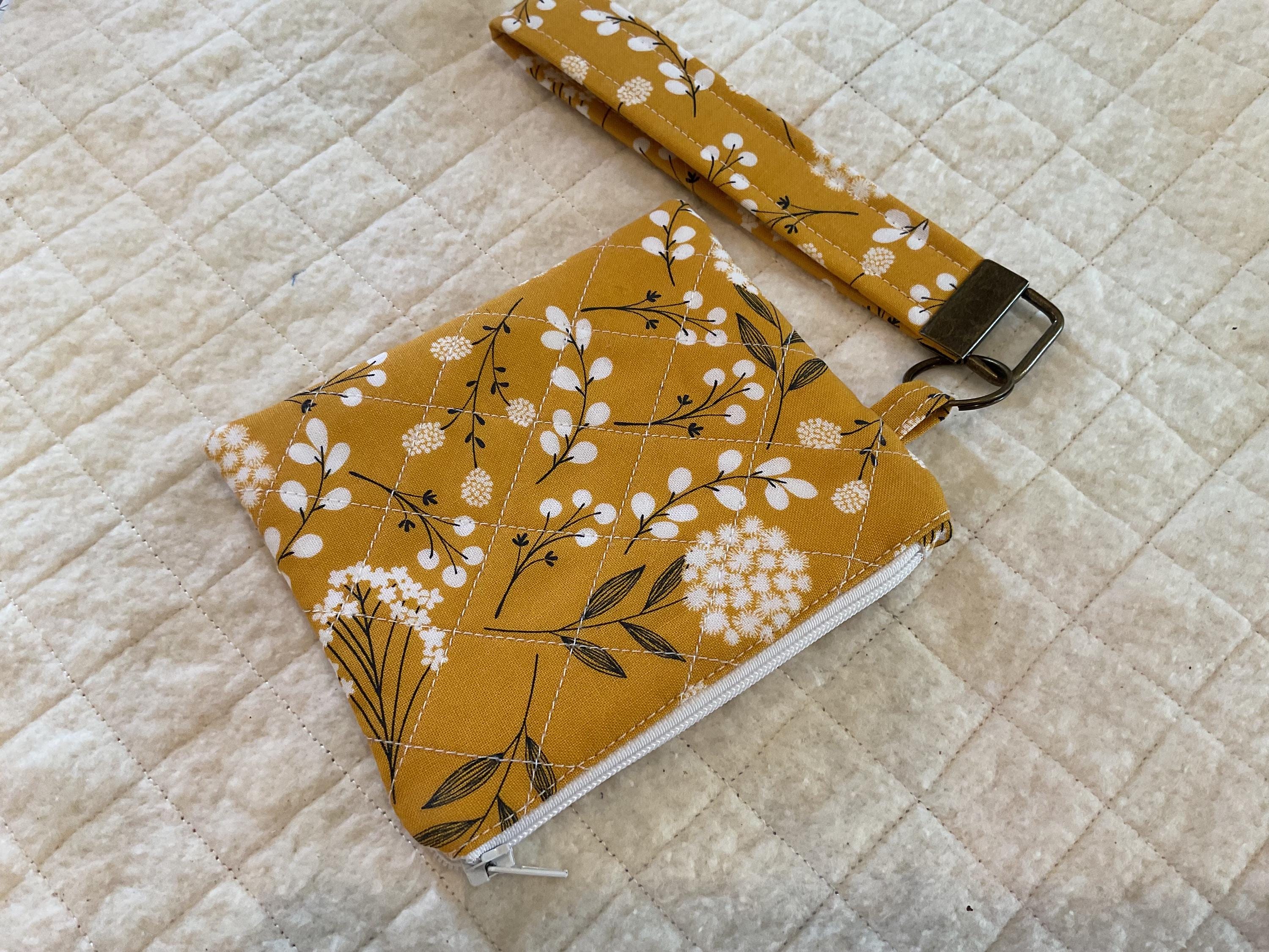 Handmade Floral Mustard Yellow Keychain Wallet: Wristlet Zipper Pouch