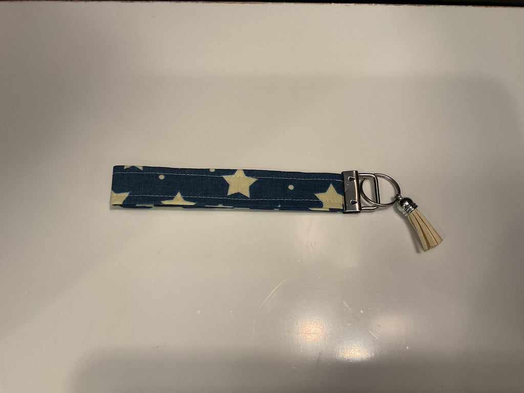 Blue Star Fabric Wristlet Keychain: Handmade Key Fob with Tassel
