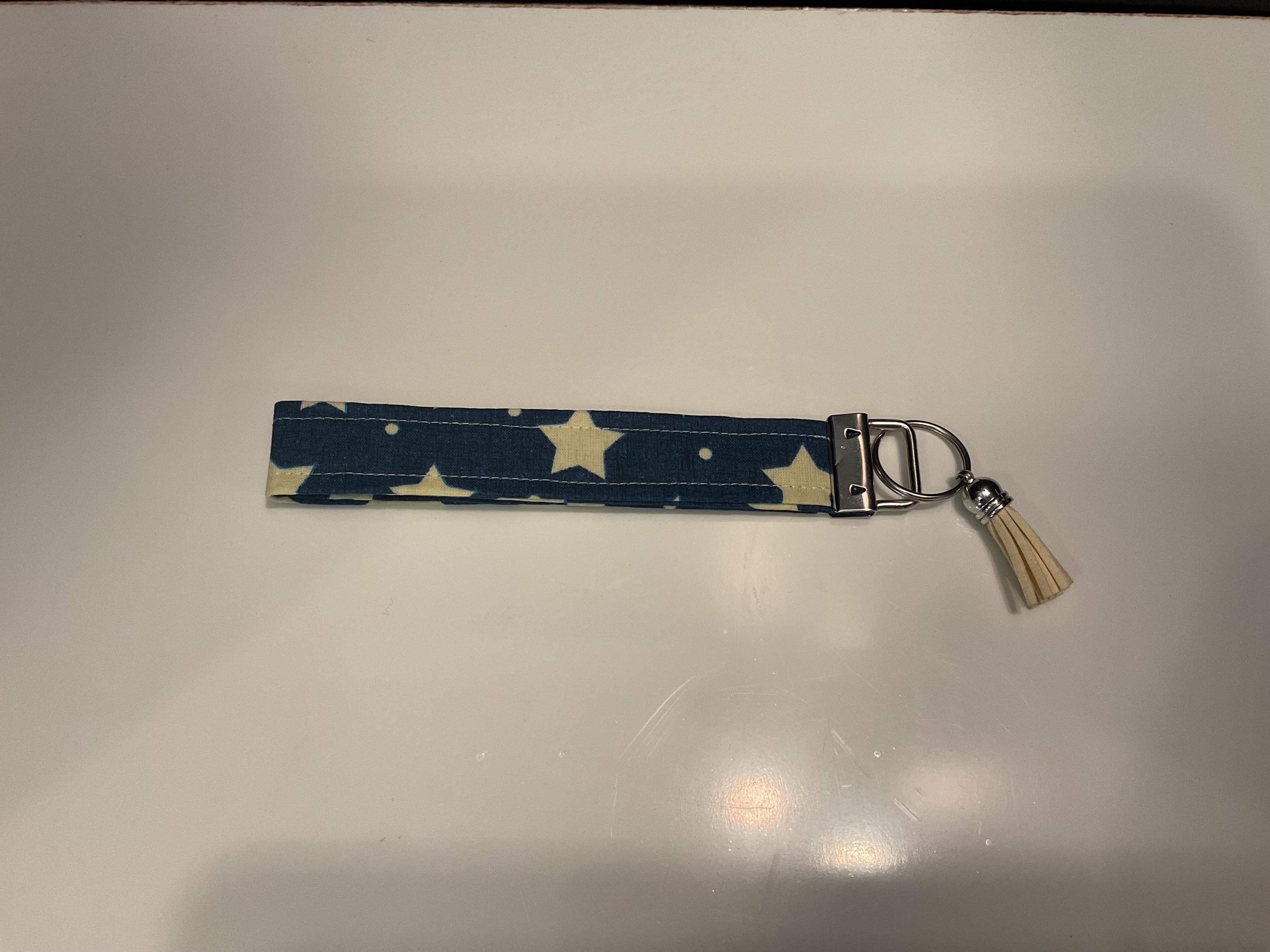 Blue Star Fabric Wristlet Keychain: Handmade Key Fob with Tassel