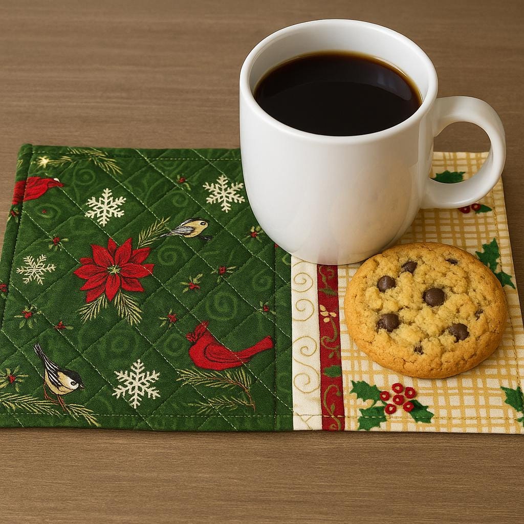 Handmade Quilted Christmas Mug Rug – Festive Cardinal, Poinsettia & Holly Coaster Mat