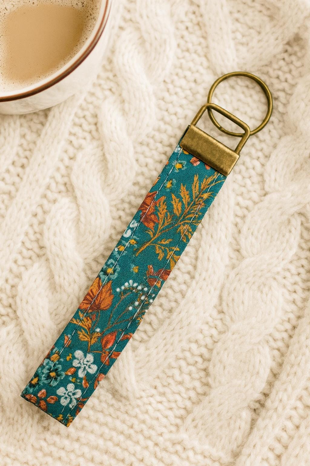 Floral Fabric Wristlet Keychain: Teal Handmade Key Fob