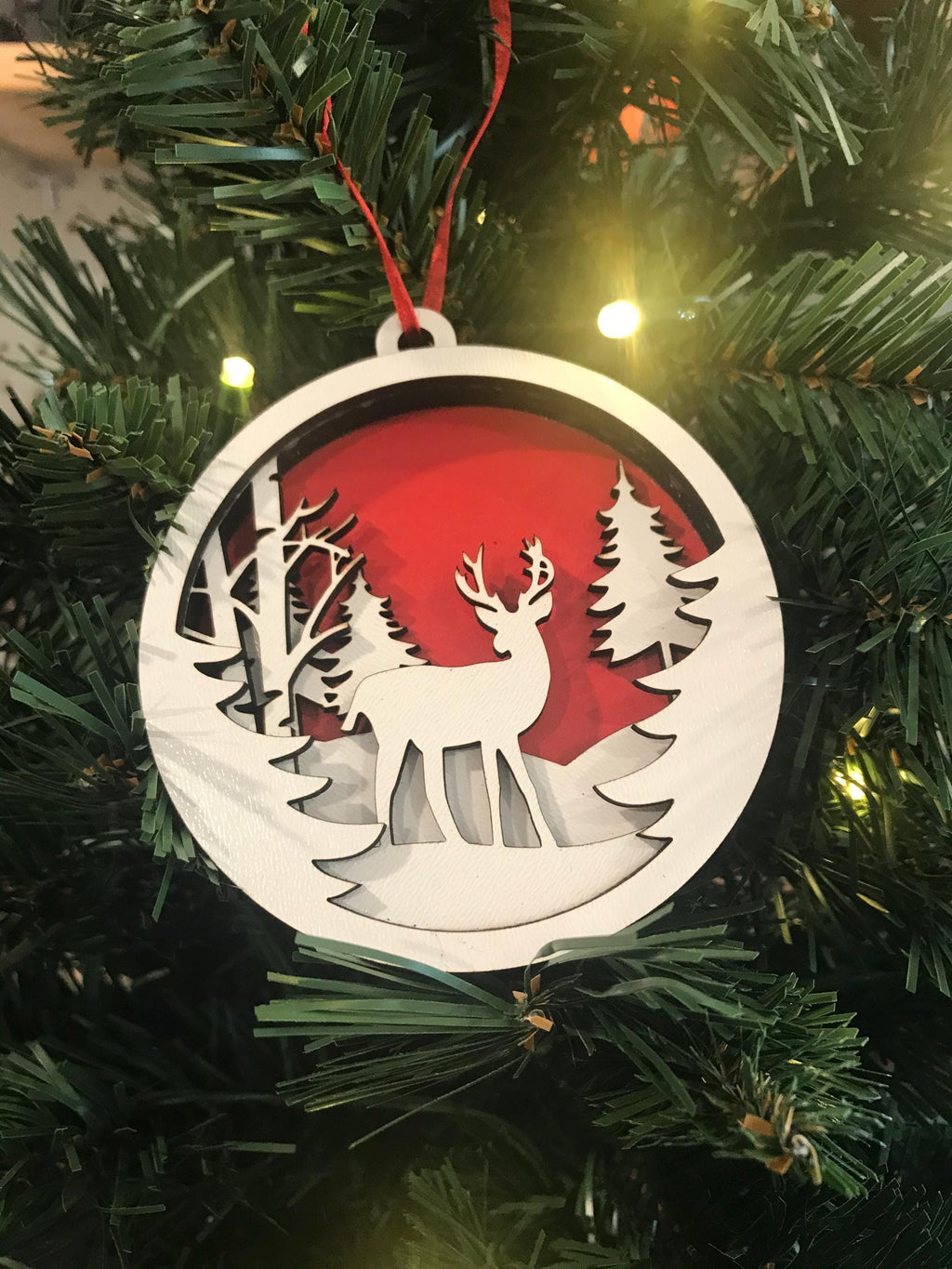 Christmas Ornament—Laser Cut 4 Layers—Deer in Woods Scene