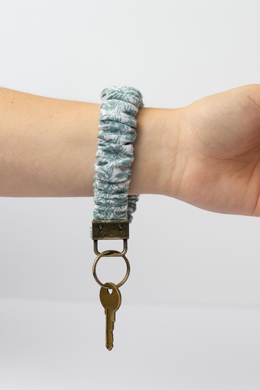 Teal Floral Scrunchie Wristlet Keychain: Handmade Fabric Key Fob