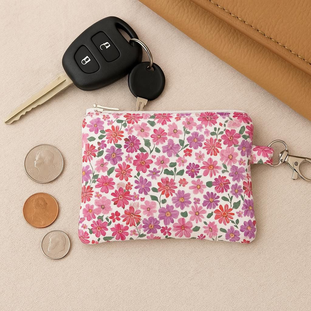 Handmade Floral Keychain Wallet: Zippered Coin Purse, Card Holder