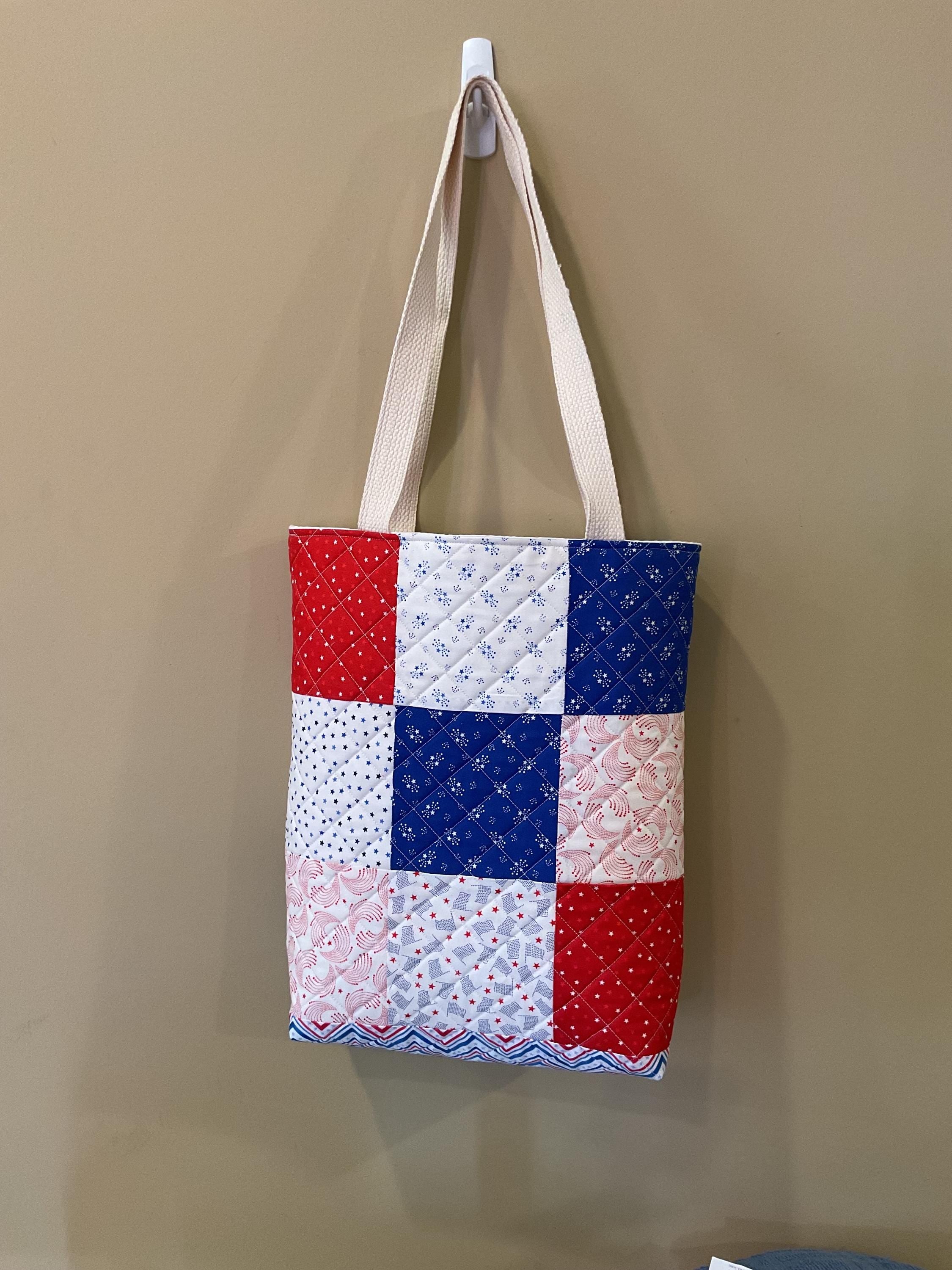 Quilted Patchwork Tote Bag – Red, White & Blue Handmade Shoulder Bag | Patriotic Gift | Reusable Market Bag
